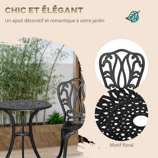 Ensemble Salon de Jardin 2 Places 2 chaises + Table Ronde style charme rétro en fonte d'aluminium, bronze - Image 9