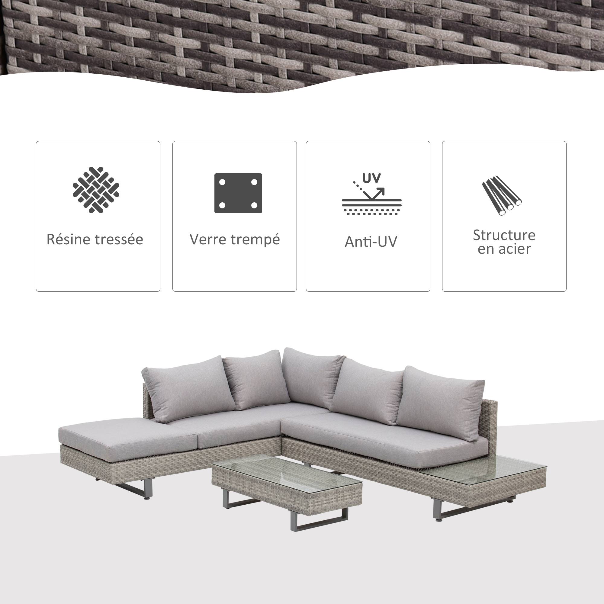 Outsunny - Ensemble salon de jardin d'angle 5 places design contemporain coussins déhoussables table basse acier époxy résine tressée grise - Outsunny - Image 6