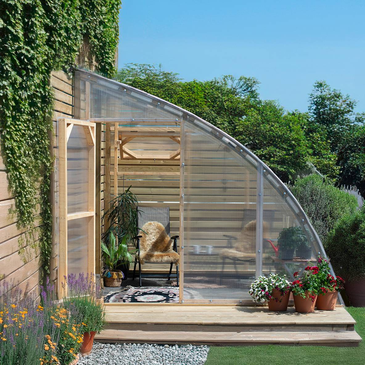 Serre en bois adossée 12m² Norhage Vegg 300 - Polycarbonate 10mm