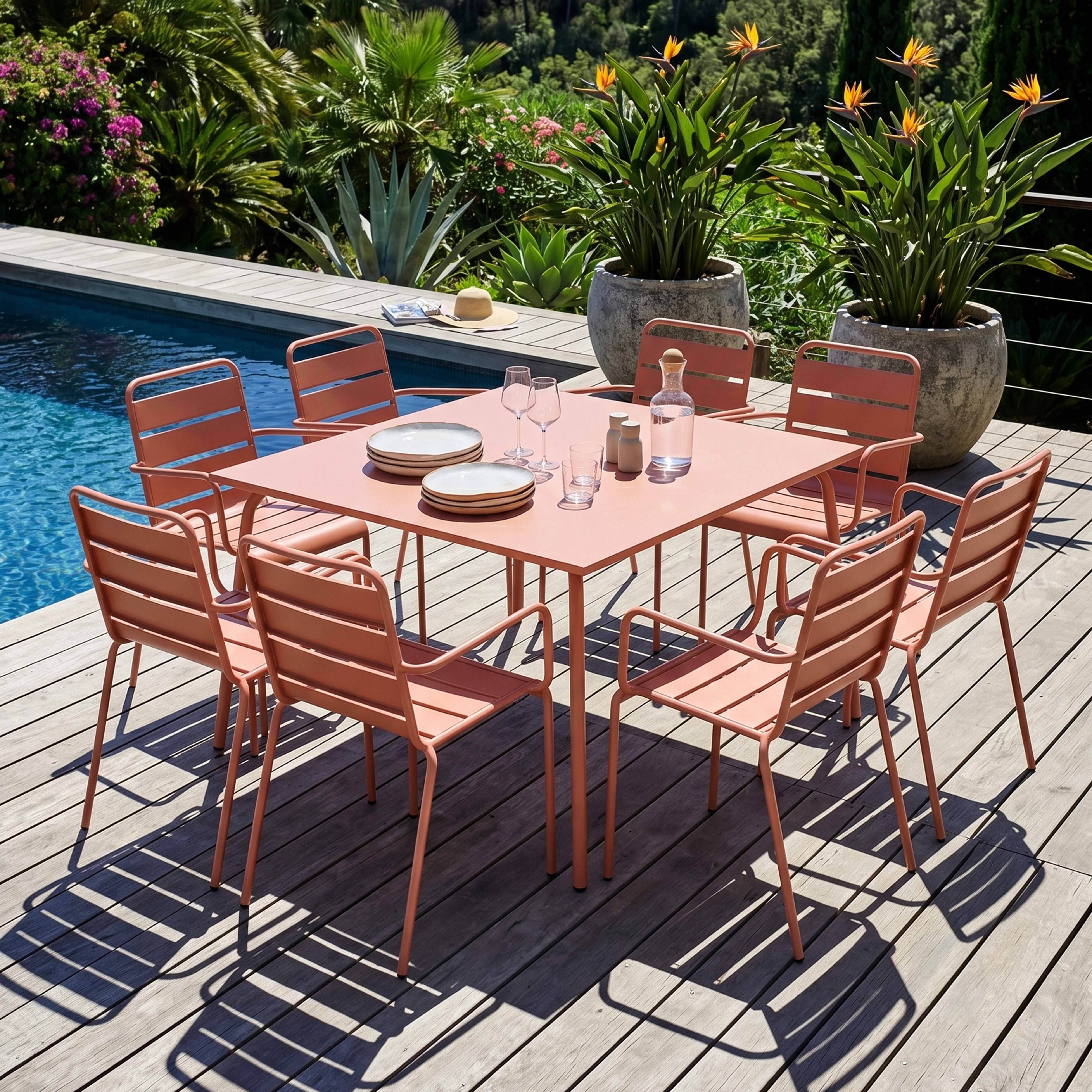 Oviala - Ensemble table de jardin carrée et 8 fauteuils en métal argile Palavas - Oviala - Imagen 2