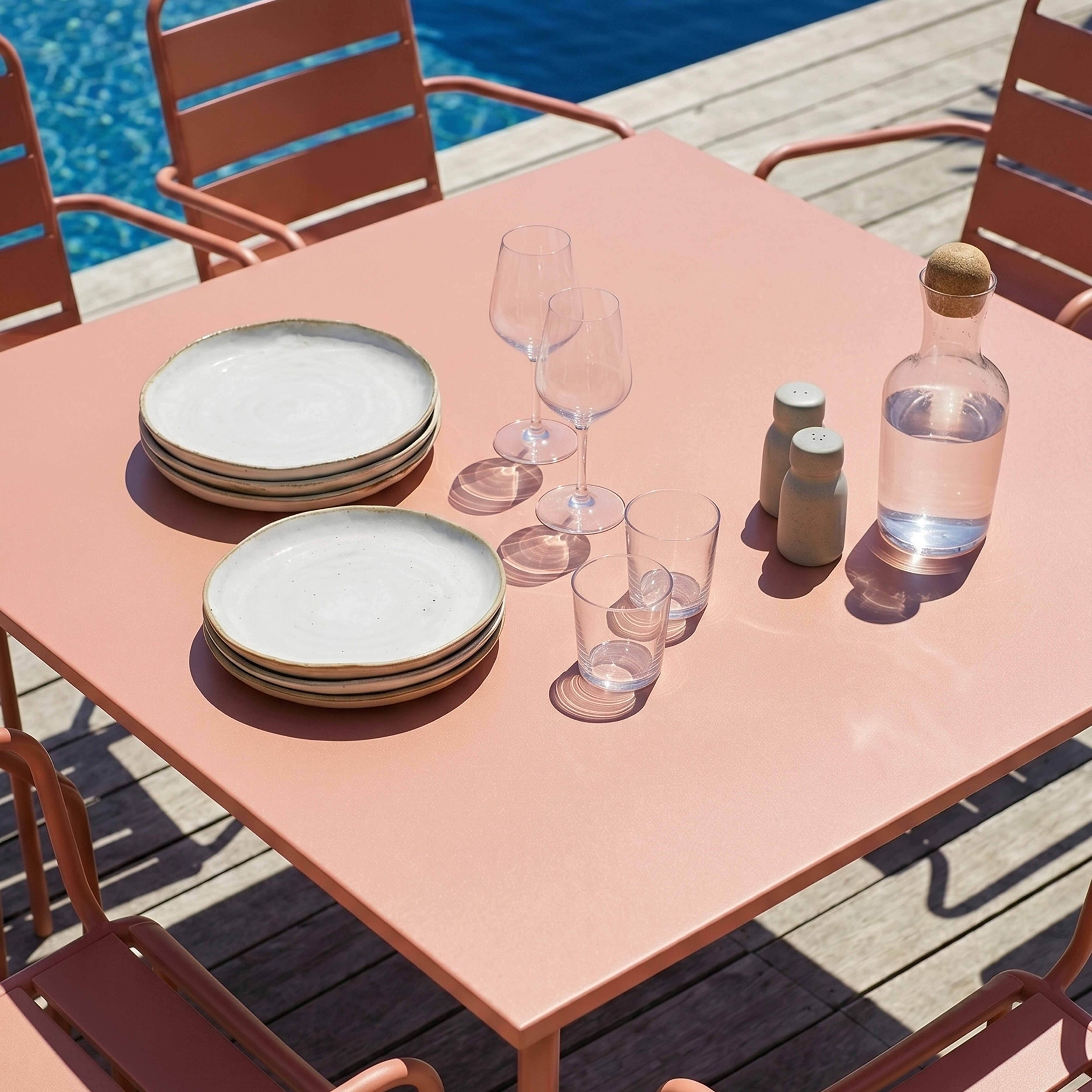 Oviala - Ensemble table de jardin carrée et 8 fauteuils en métal argile Palavas - Oviala - Imagen 3