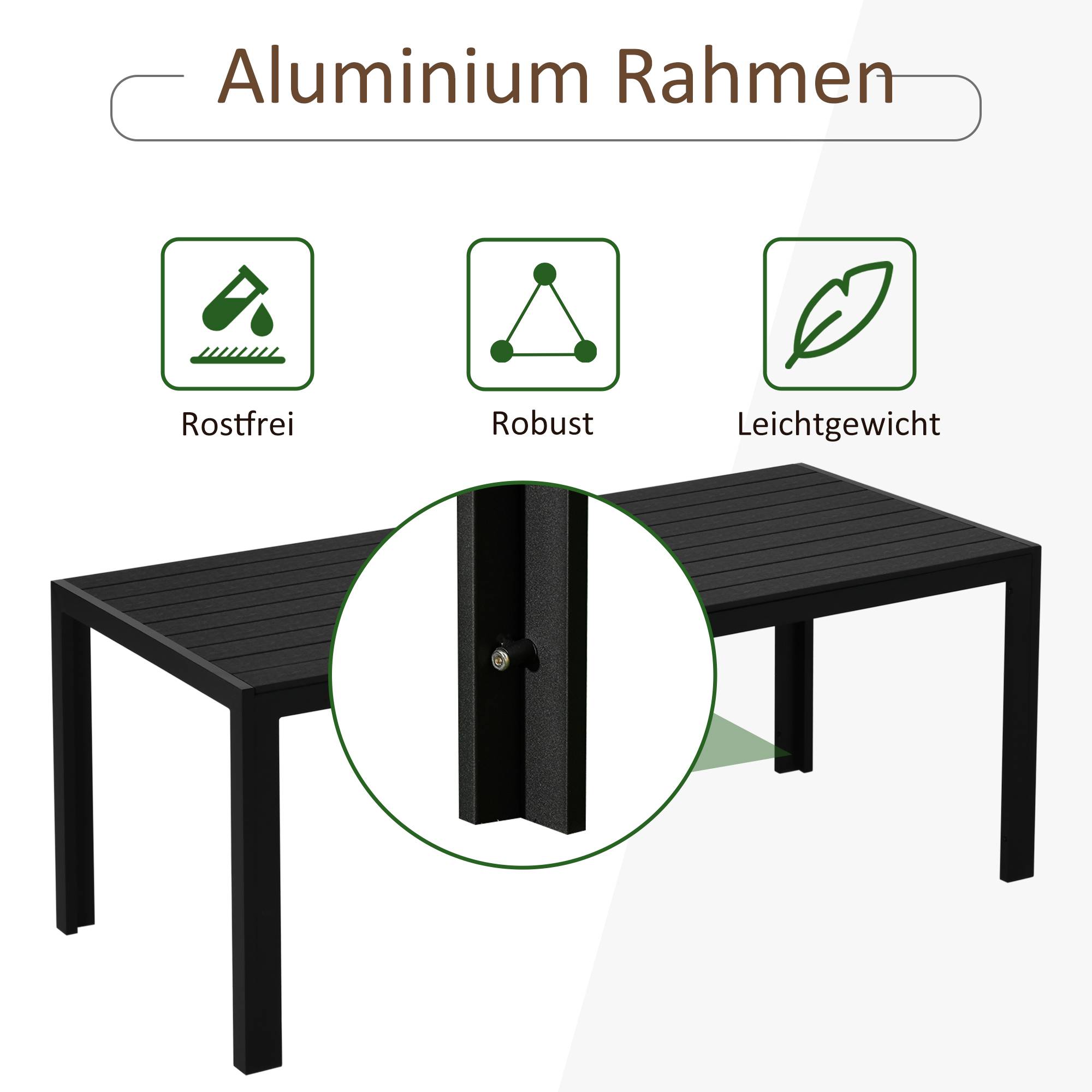 Table de jardin en plastique aspect bois résistante aux intempéries, surface antidérapante multifonction balcon terrasse camping, noire 190x84,5x72 cm - Image 4