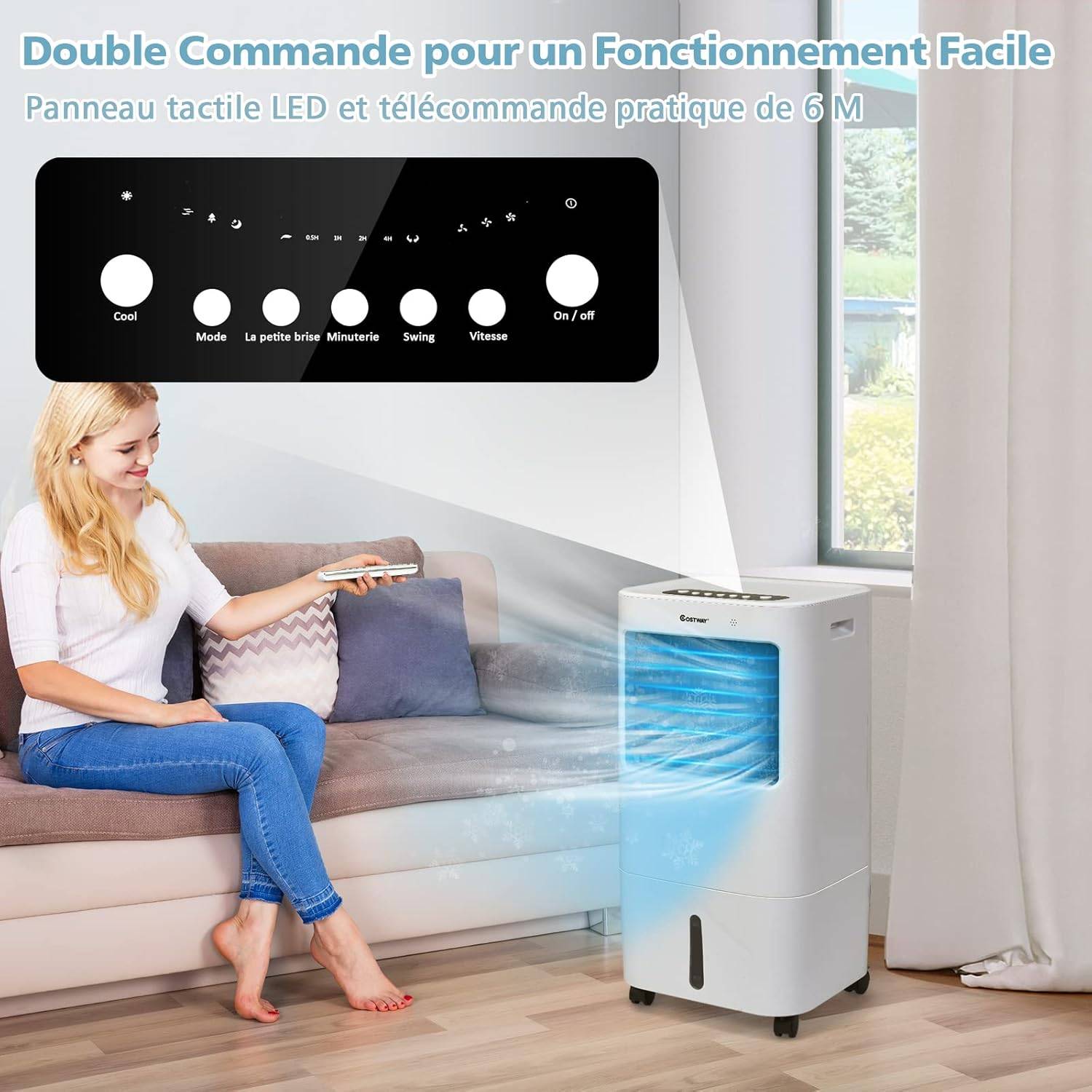 COSTWAY Rafraîchisseur d'Air Mobile 4 en 1 65W Réservoir 20L Ventilateur Humidificateur Oscillation 40° 3 Modes 4 Vitesses Minuterie 7,5H, 2 Glacières - Image 3