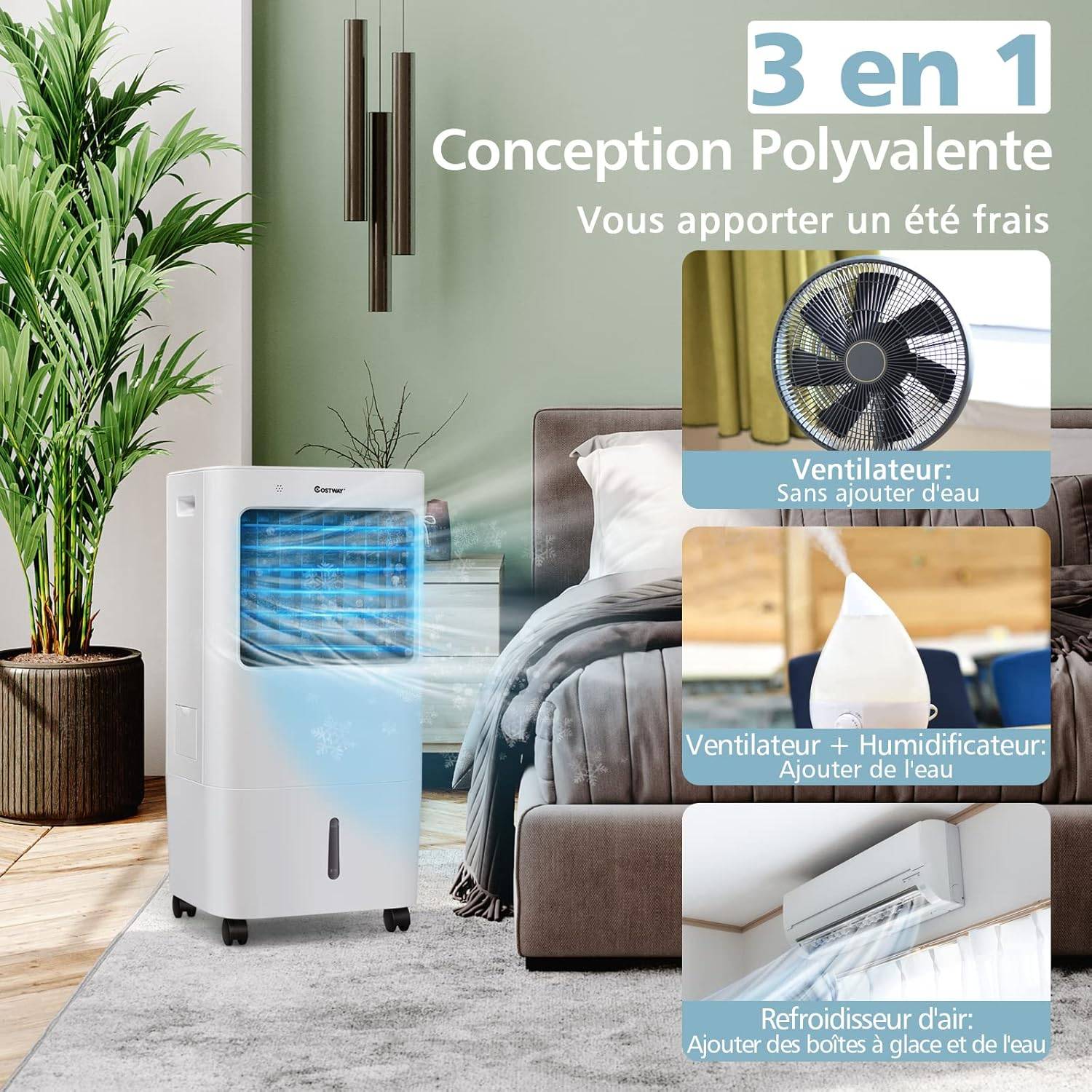 COSTWAY Rafraîchisseur d'Air Mobile 4 en 1 65W Réservoir 20L Ventilateur Humidificateur Oscillation 40° 3 Modes 4 Vitesses Minuterie 7,5H, 2 Glacières - Image 2