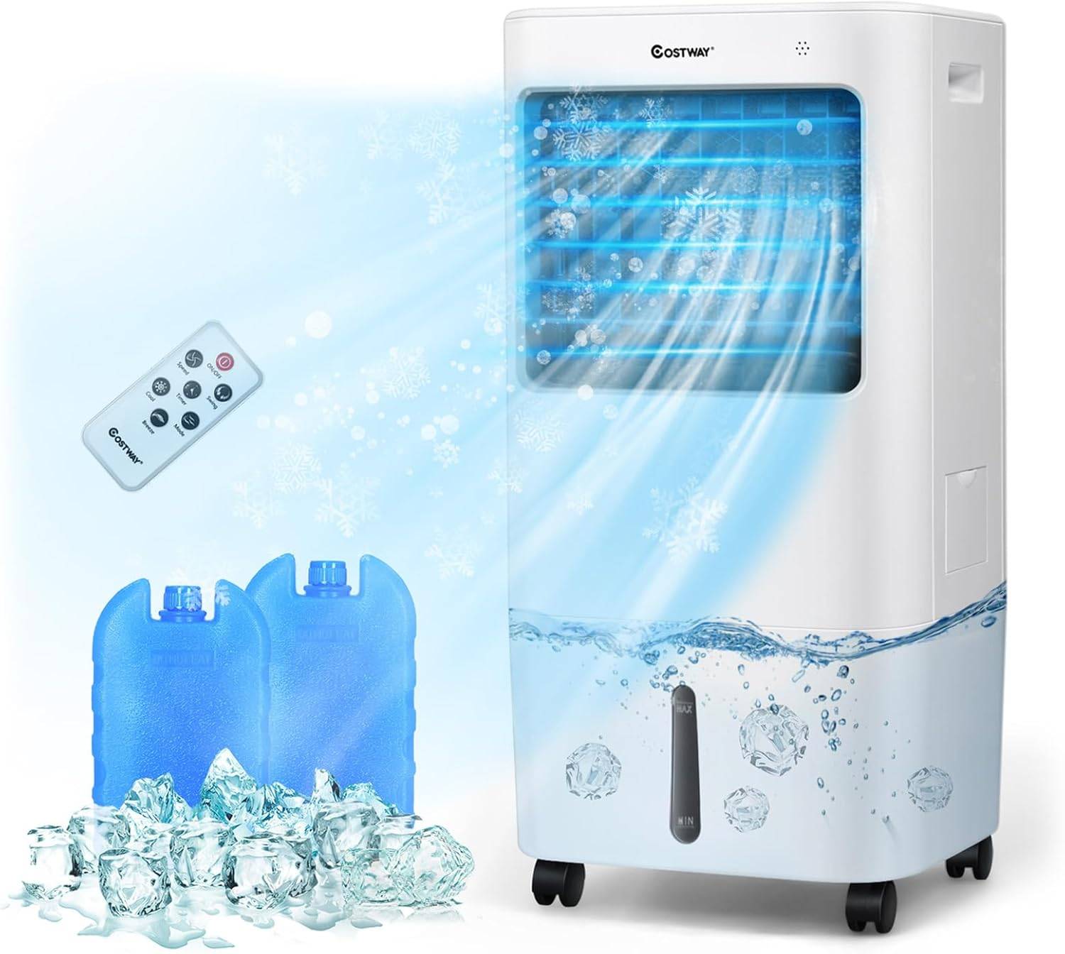COSTWAY Rafraîchisseur d'Air Mobile 4 en 1 65W Réservoir 20L Ventilateur Humidificateur Oscillation 40° 3 Modes 4 Vitesses Minuterie 7,5H, 2 Glacières