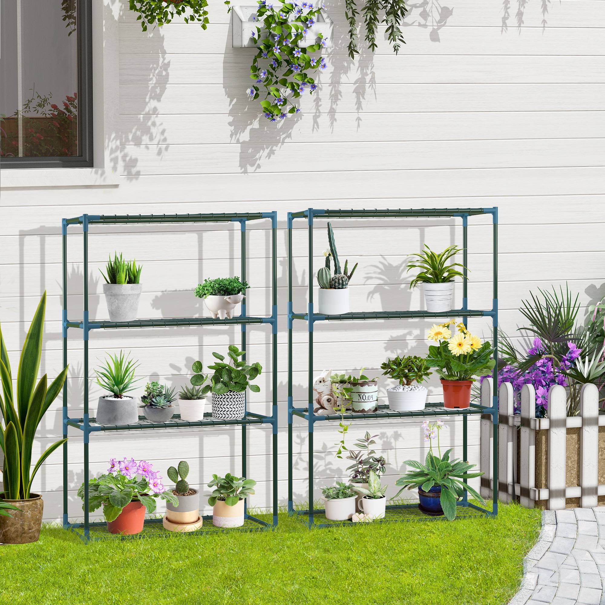 Lot 2 étagères à plantes métal pour balcon intérieur 4 niveaux modulables 70x27x110cm vert - ComfortXL Outdoor Living - Image 3