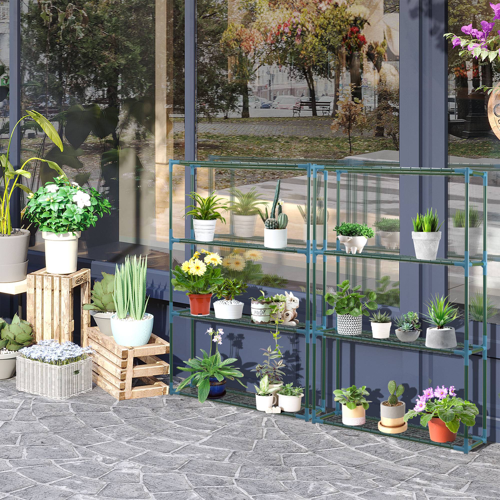 Lot 2 étagères à plantes métal pour balcon intérieur 4 niveaux modulables 70x27x110cm vert - ComfortXL Outdoor Living - Image 4