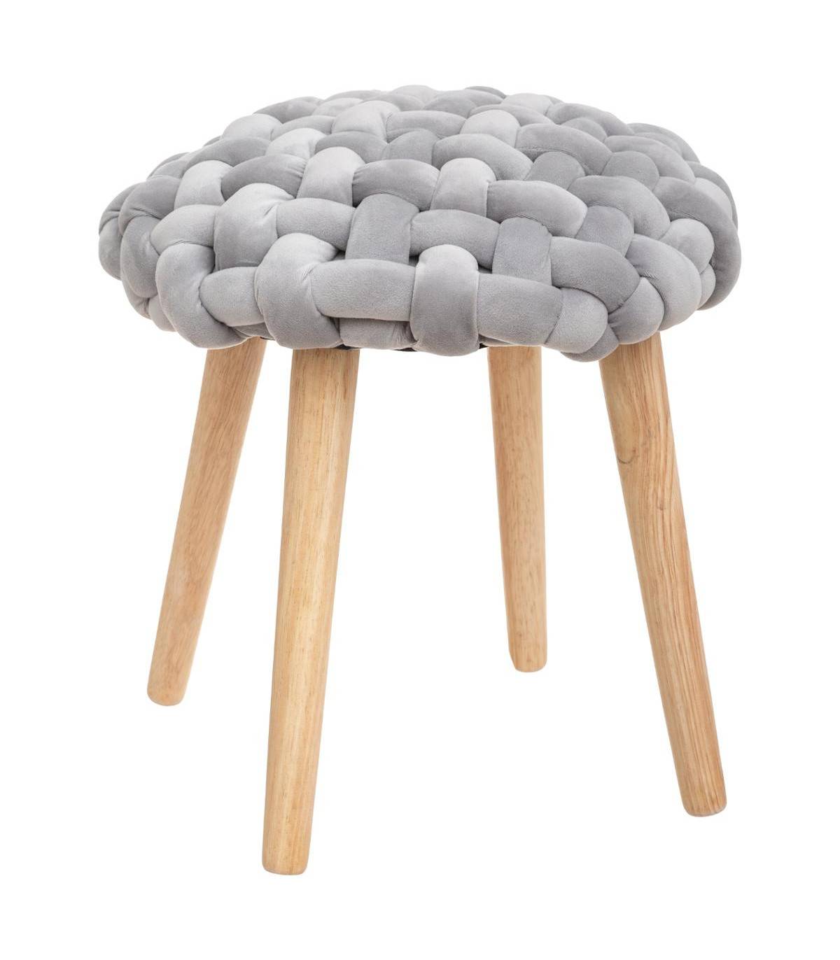 Tabouret pied en Bois et Assise Tricot Velours Gris - Imagen 1