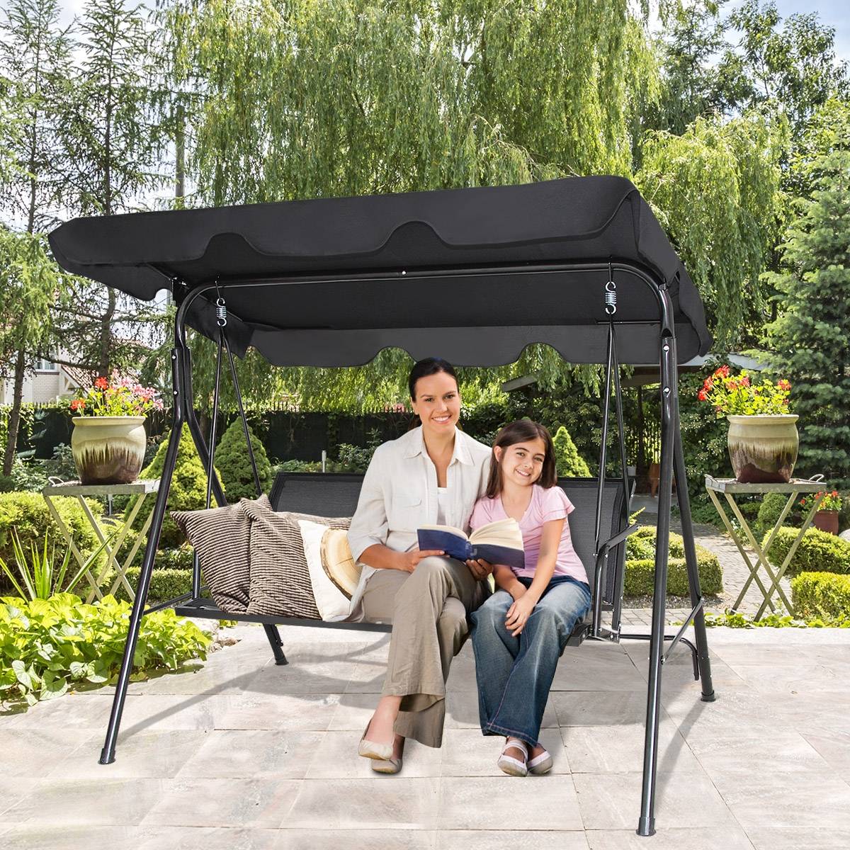 Balancelle de Jardin 3 Places Toile Anti-UV et Cadre Antirouille en Polyester et Acier, 173x119x152cm, Noir F70R - Image 3