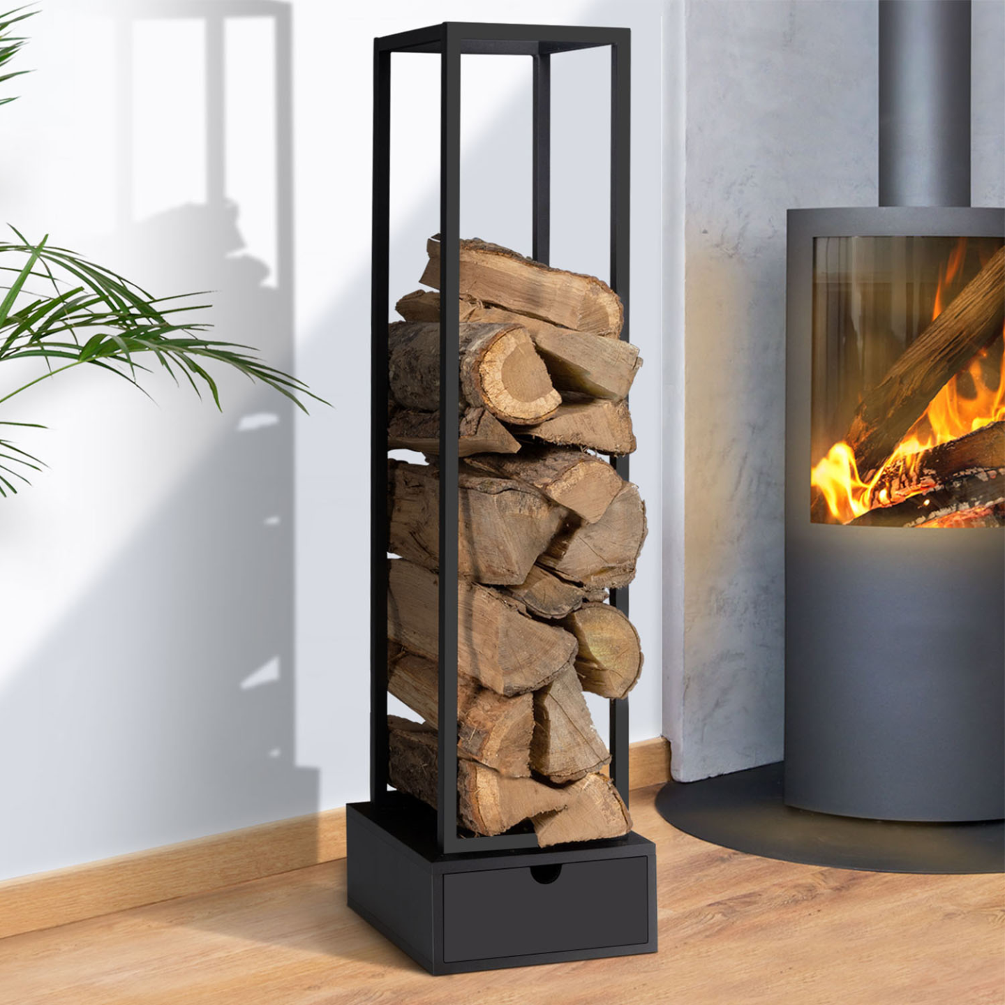 Range bûches vertical acier noir H. 125 CM avec tiroir pour cheminée - Image 1