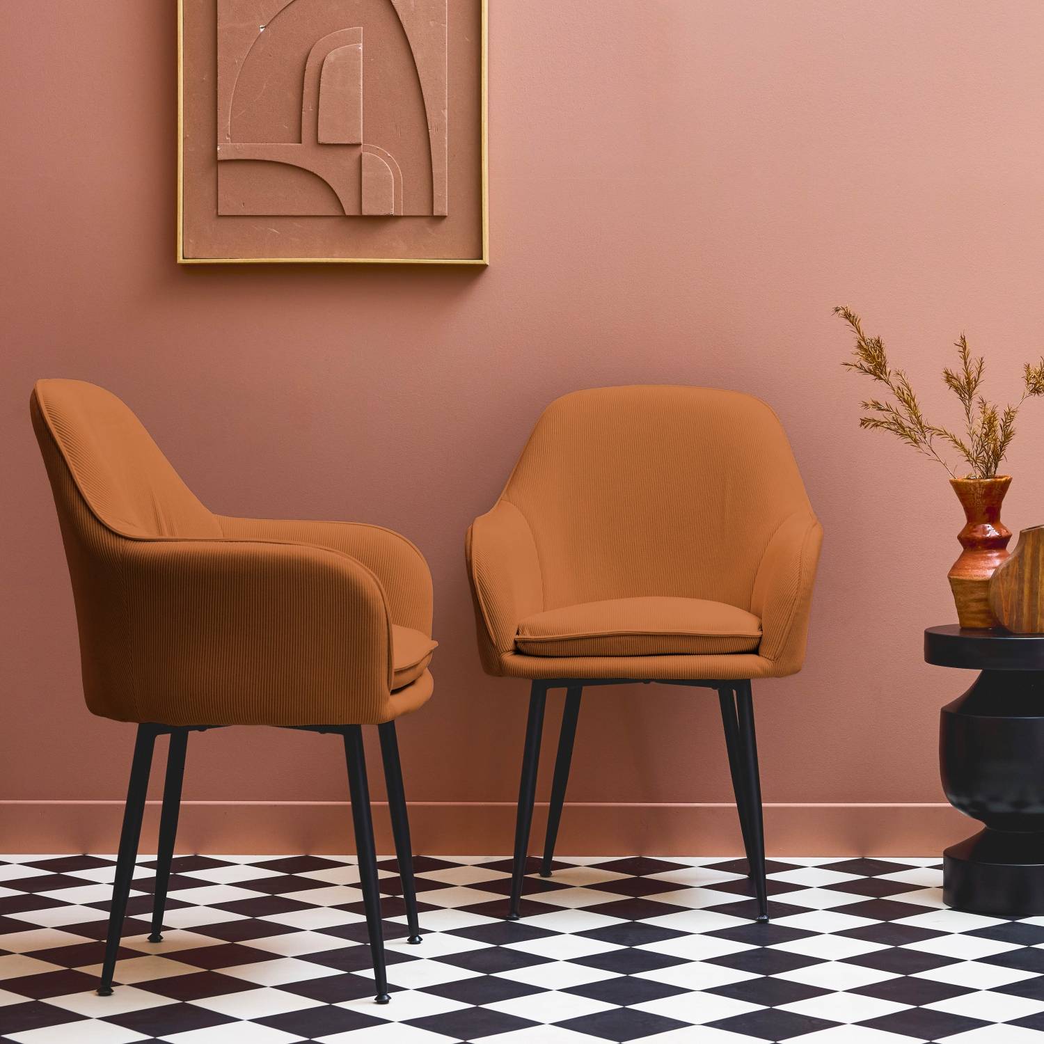 Lot de 2 fauteuils en velours côtelé camel et pieds en métal noir mat. L 57 x P 59 x H 84.5 | sweeek - Image 1