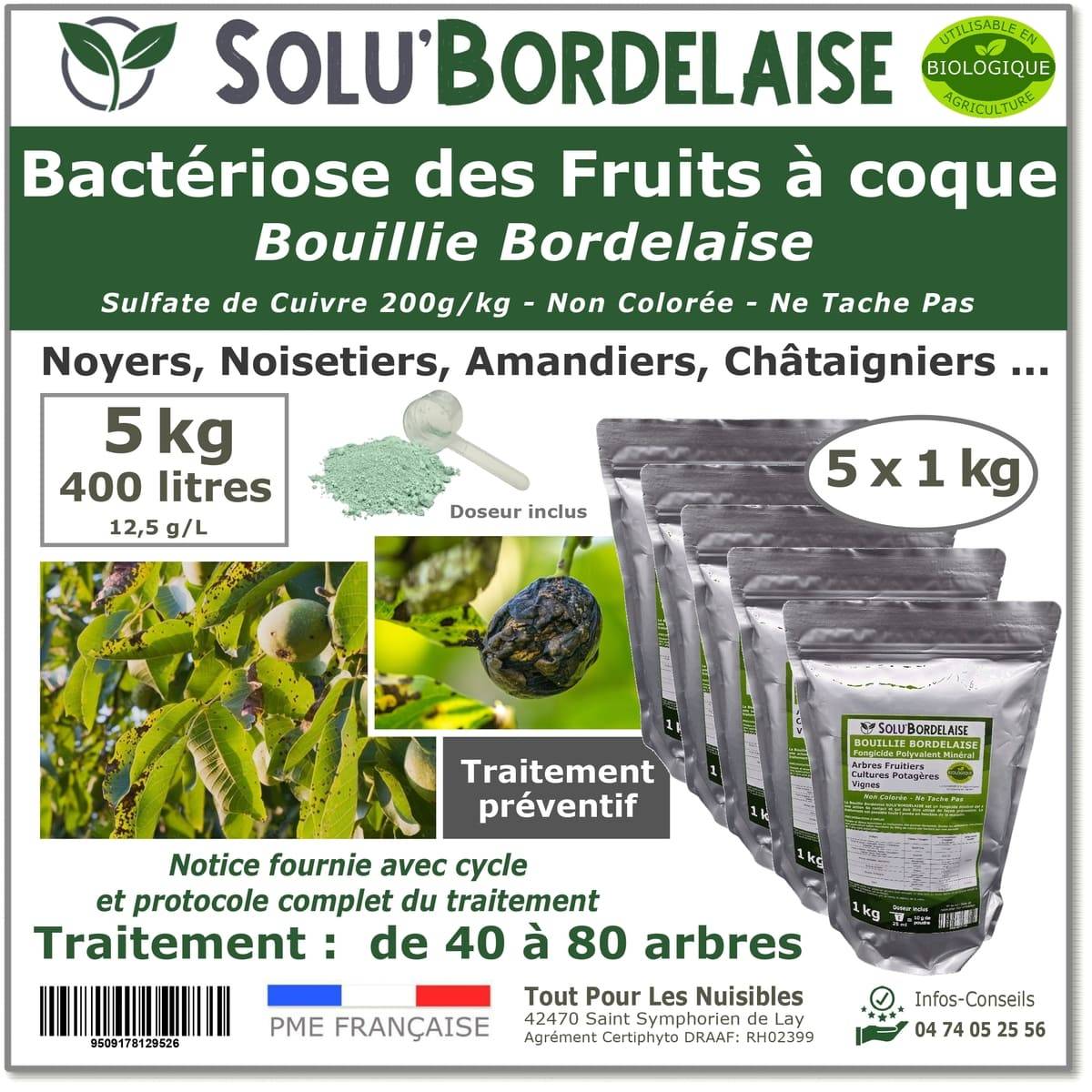 Solu'Bordelaise - 5 kg de Bouillie Bordelaise - Bactériose des Fruits à coque - Utilisable Agriculture Biologique -  5 Sachets Refermable de 1 kg - Image 1
