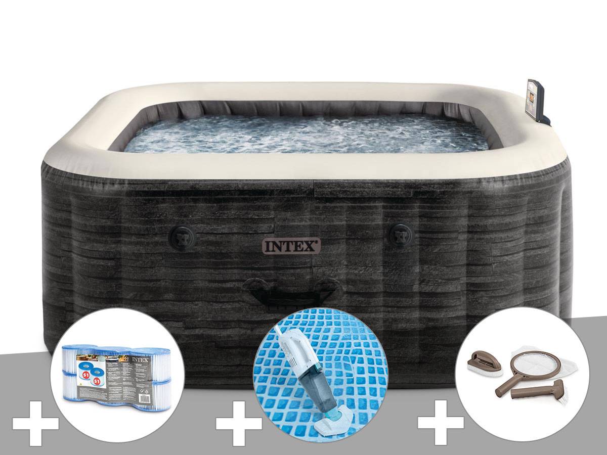 Kit spa gonflable Intex PureSpa Ardoise carré Bulles 4 places + 6 filtres + Aspirateur + Kit d'entretien