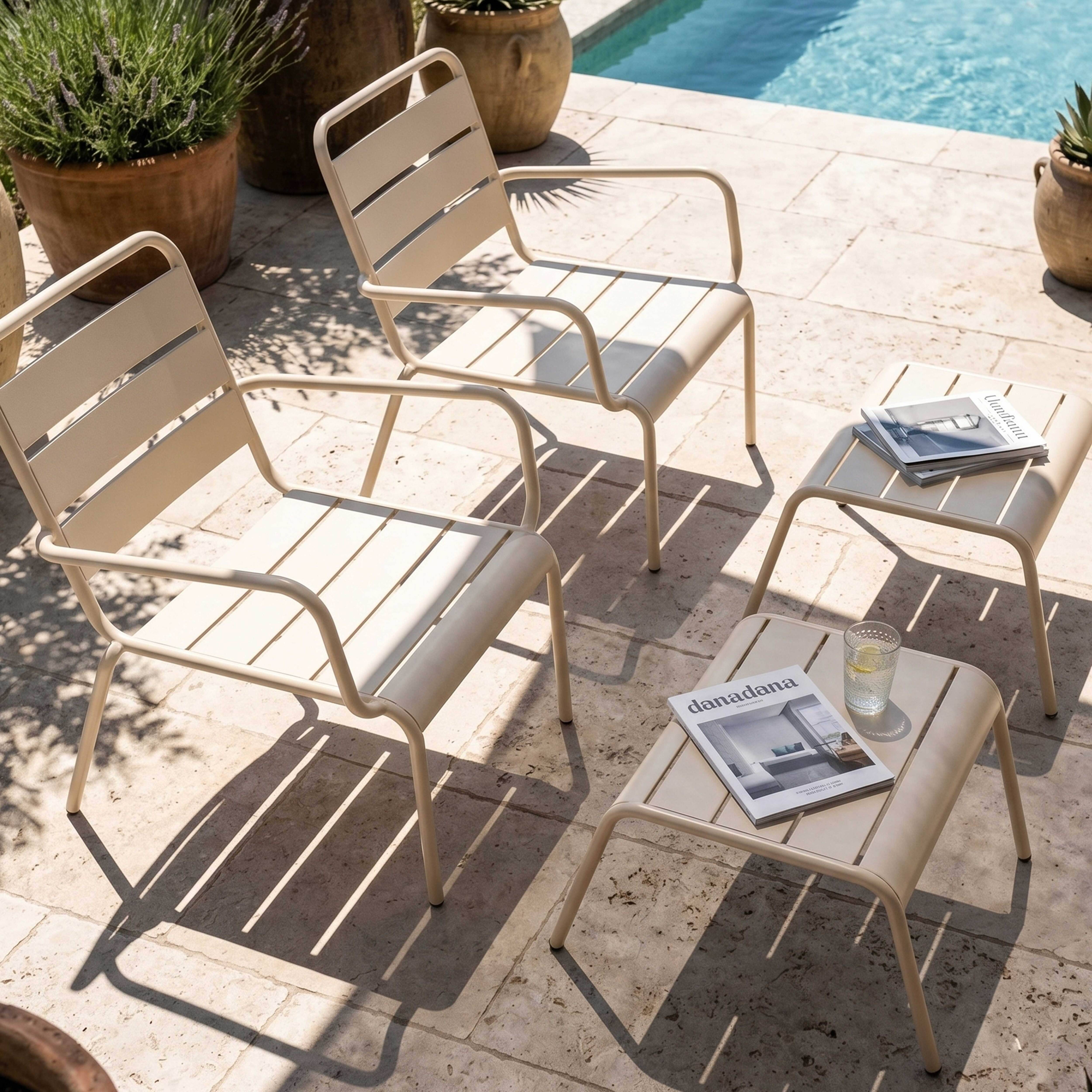 Oviala - Lot de 2 fauteuils relax avec repose-pieds en métal ivoire Palavas - Oviala - Imagen 3