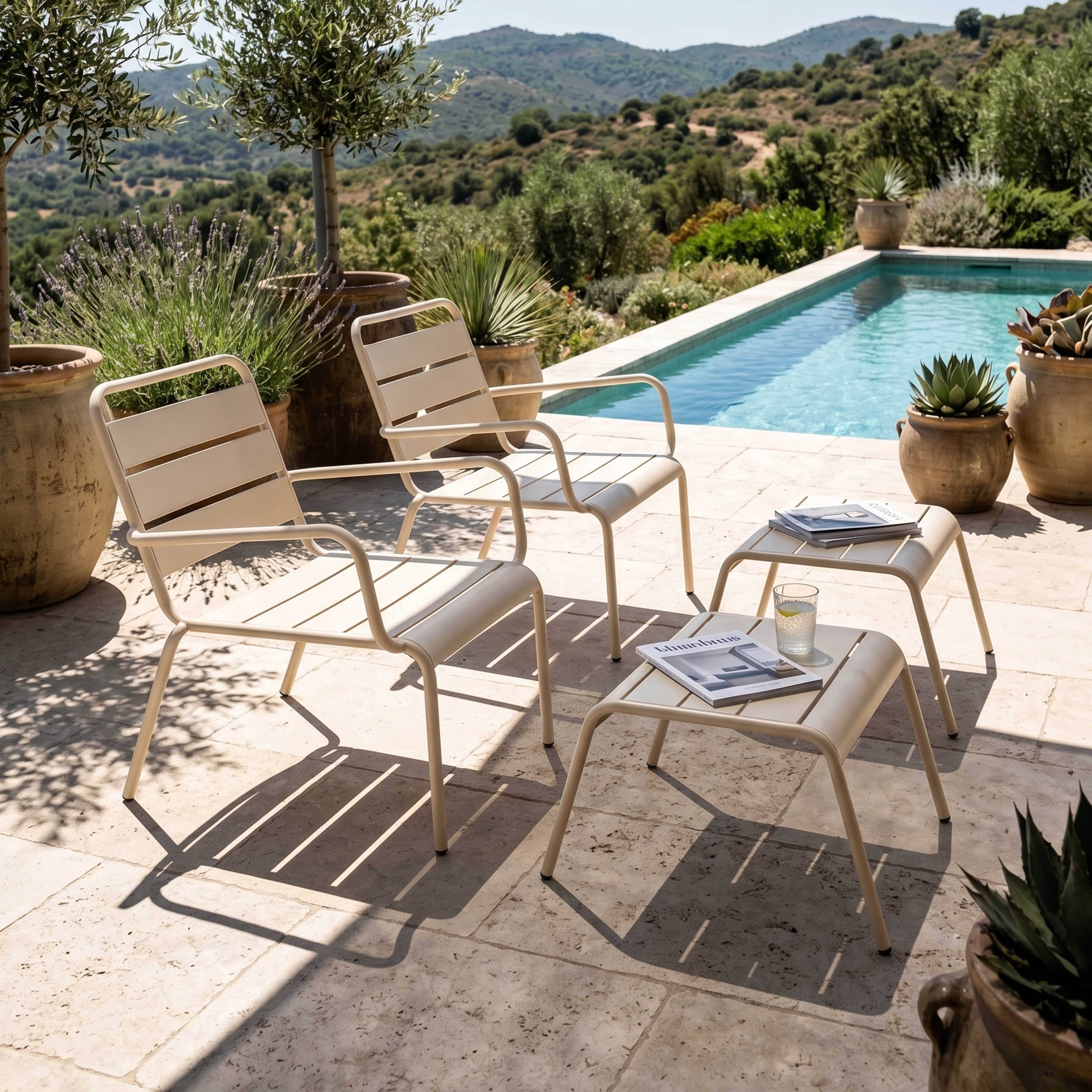 Oviala - Lot de 2 fauteuils relax avec repose-pieds en métal ivoire Palavas - Oviala - Imagen 2