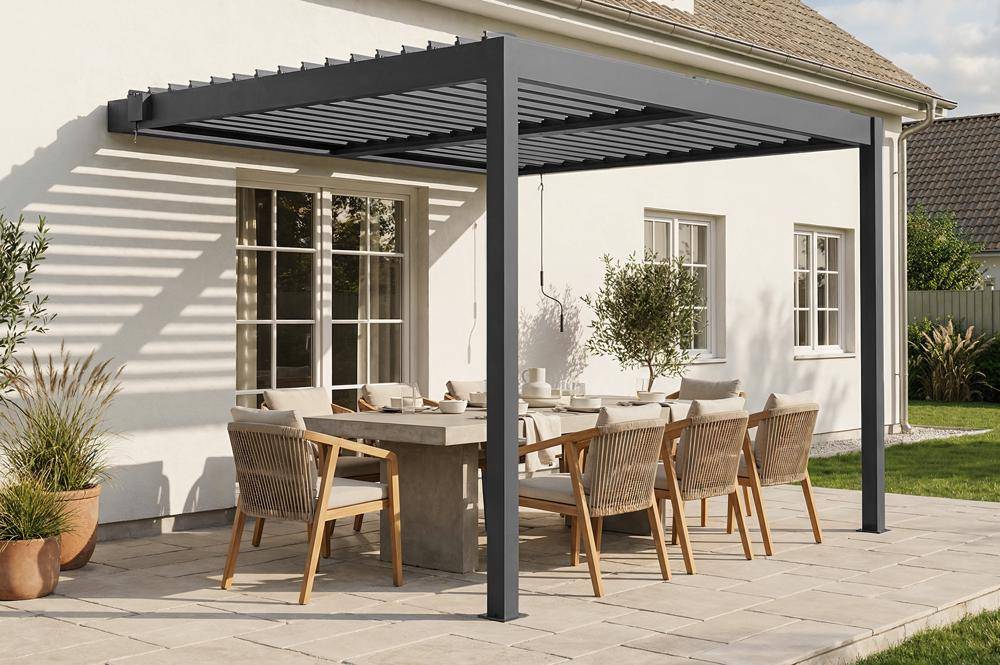 CAZEBOO - Cazeboo Pergola bioclimatique adossée 4x3 m PIANA aluminium taupe - lames orientables