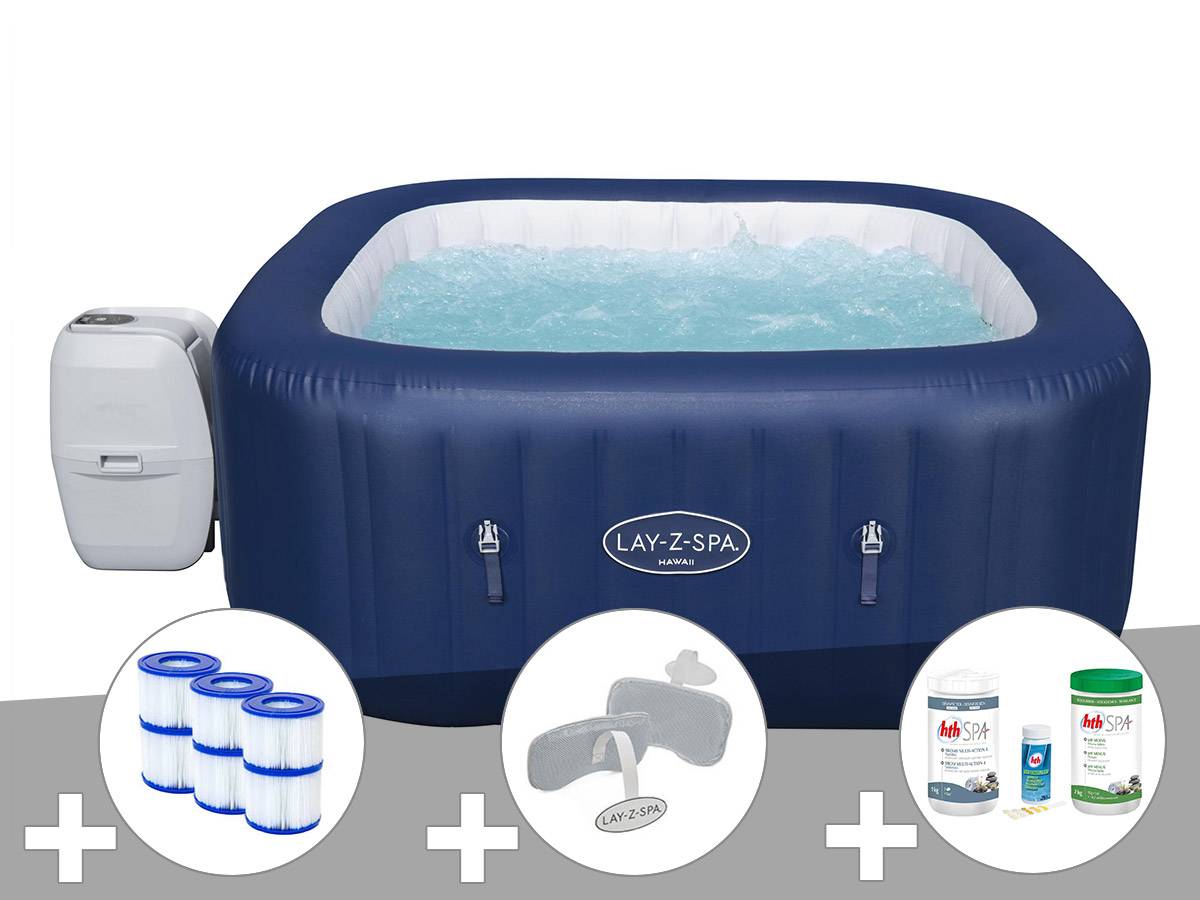 Bestway - Kit spa gonflable Bestway Lay-Z-Spa Hawaii carré Airjet 4/6 places + 6 filtres + Kit traitement brome + 2 appuie-têtes