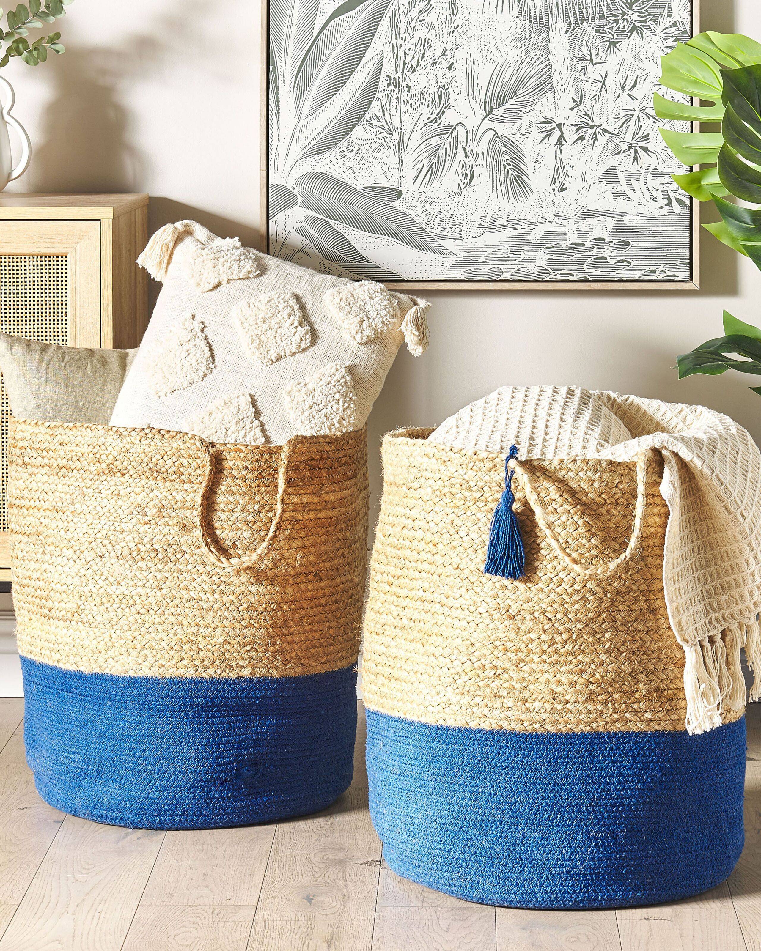 Beliani - Paniers Beige et Bleu Marine en Jute 50 cm Ronds Faits Main Rangement Intérieur pour Linge Facile à Entretenir Corbeilles Lot de 2 - Imagen 2