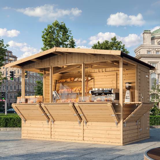 Timbela - Maison de jardin en boisH232x336x263 cm / 6 m² - Étal de marché en bois avec comptoir - 17 mm d’épaisseur - Timbela M150B - Image 1