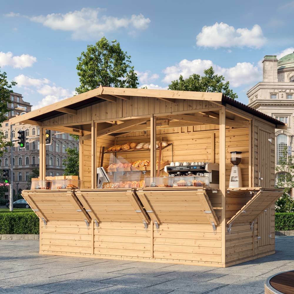 Timbela - Maison de jardin en boisH232x336x263 cm / 6 m² - Étal de marché en bois avec comptoir - 17 mm d’épaisseur - Timbela M150B - Image 1