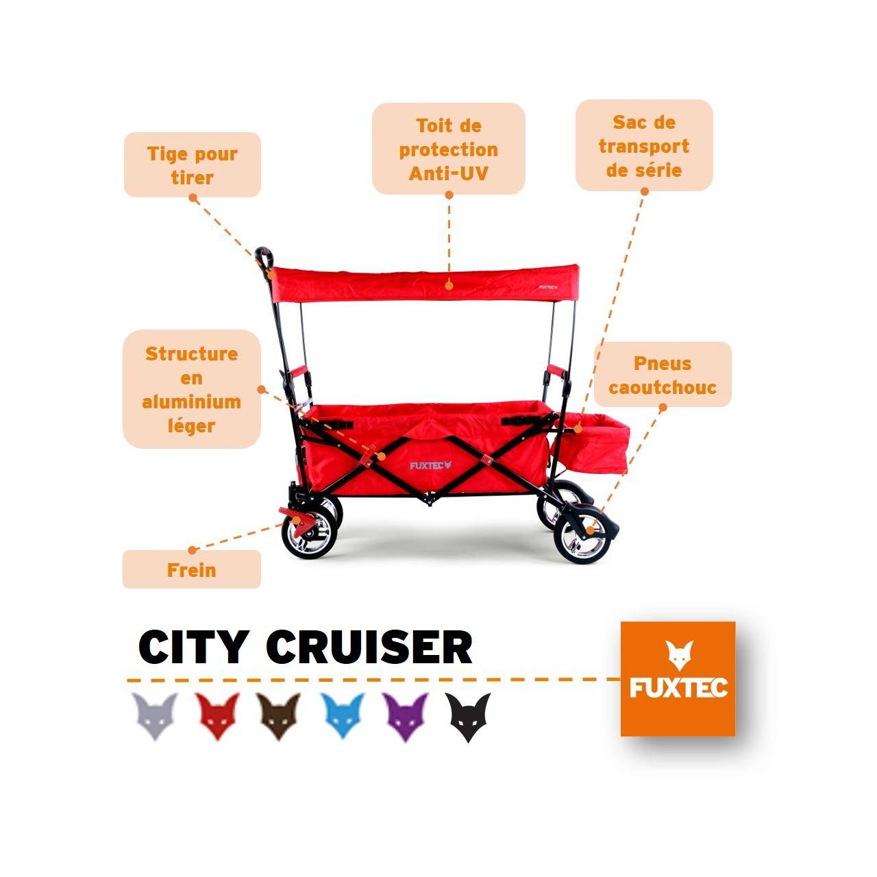 FUXTEC - Chariot de transport enfant - Rouge - FUXTEC City Cruiser - pliable charge 75 kg - Image 2