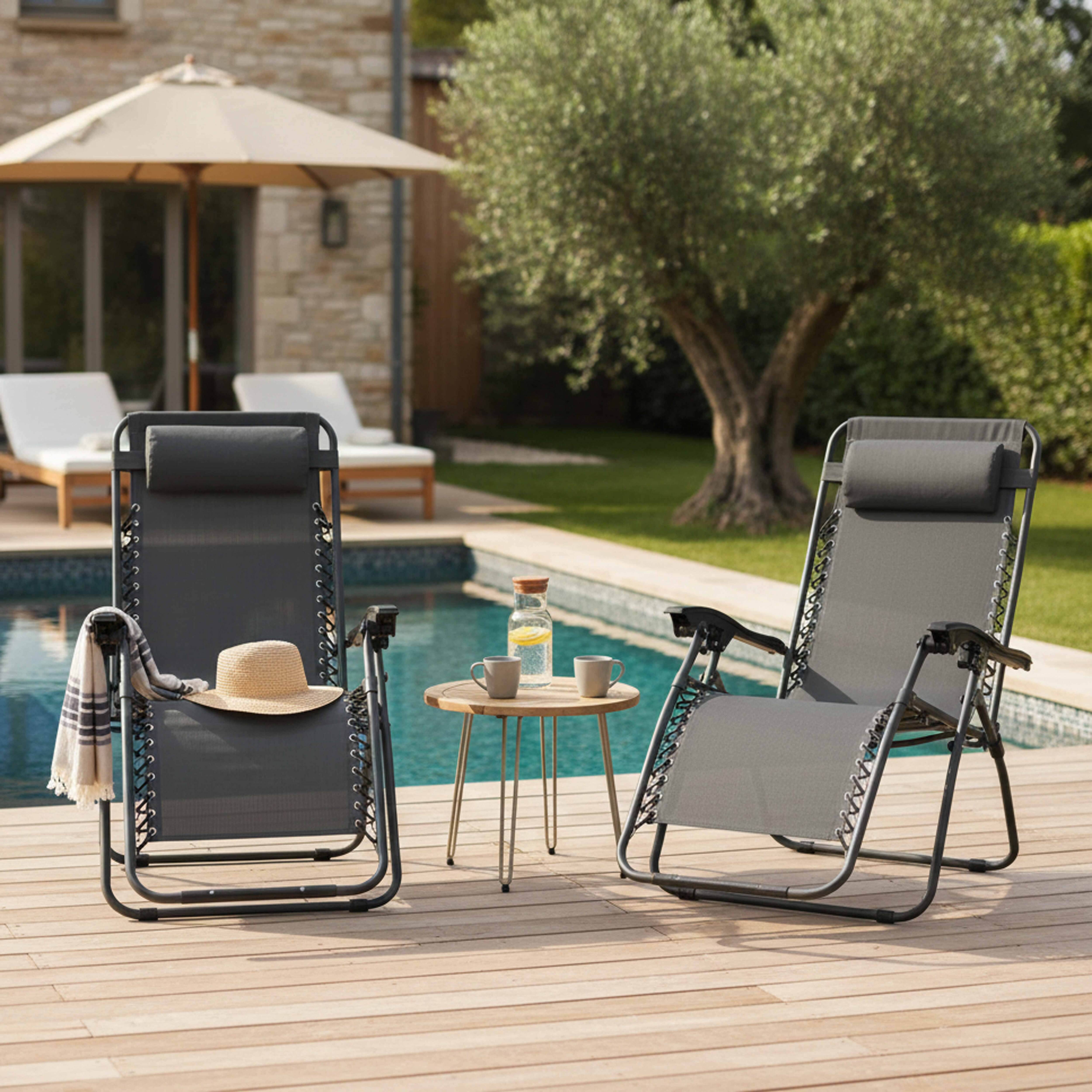 Oviala - Lot de 2 fauteuils lounge inclinable en acier gris Monaco - Oviala - Imagen 2