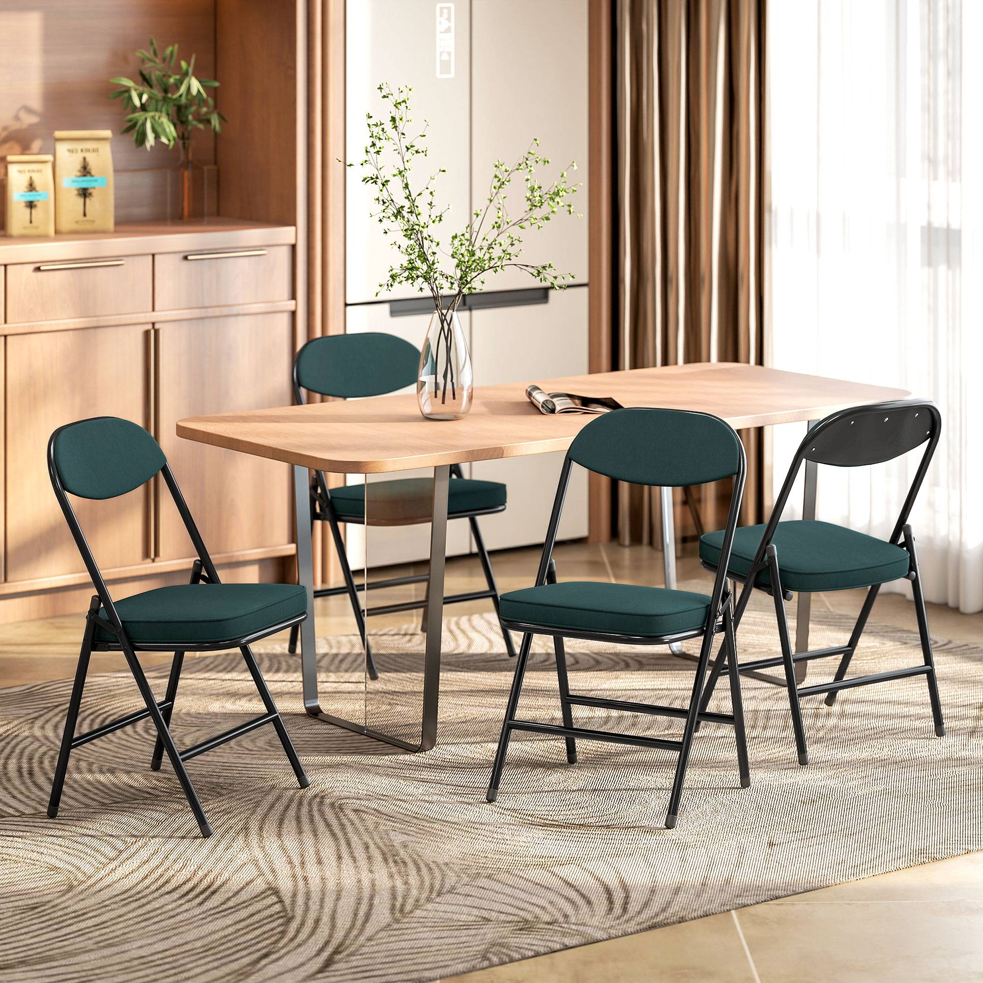 Lot de 4 chaises pliantes chaises de salle à manger portables avec assises et dossiers rembourrés en velours côtelé bleu - Image 4