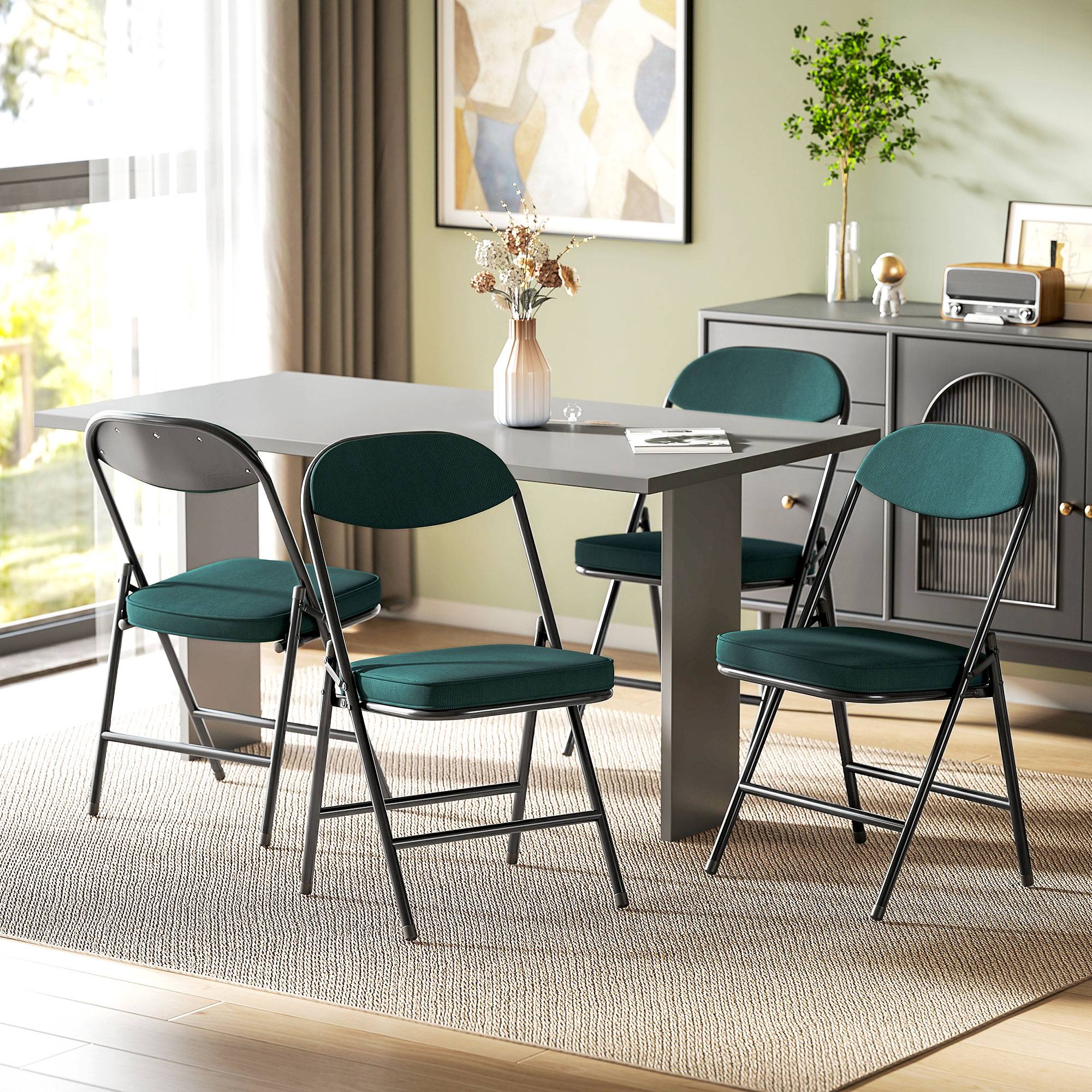 Lot de 4 chaises pliantes chaises de salle à manger portables avec assises et dossiers rembourrés en velours côtelé bleu - Image 3