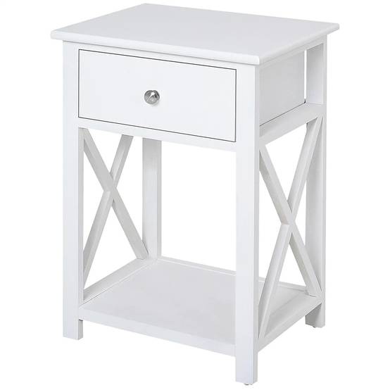 Table de Chevet Table d'appoint Bout de canapé Table de Nuit avec un tiroir et étagère en Bois Blanc - Image 1