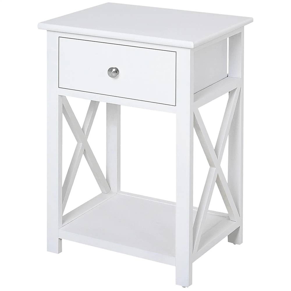 Table de Chevet Table d'appoint Bout de canapé Table de Nuit avec un tiroir et étagère en Bois Blanc - Image 1