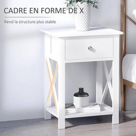 Table de Chevet Table d'appoint Bout de canapé Table de Nuit avec un tiroir et étagère en Bois Blanc - Image 3