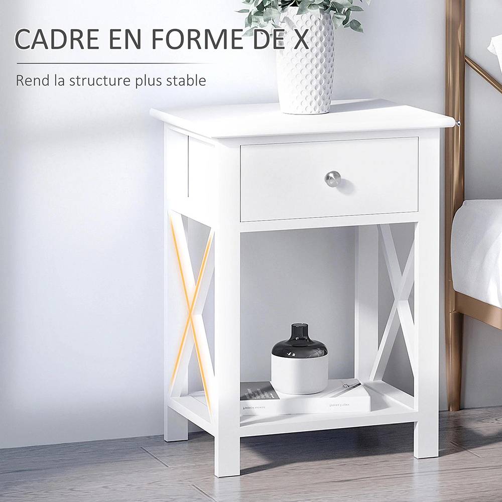 Table de Chevet Table d'appoint Bout de canapé Table de Nuit avec un tiroir et étagère en Bois Blanc - Image 3