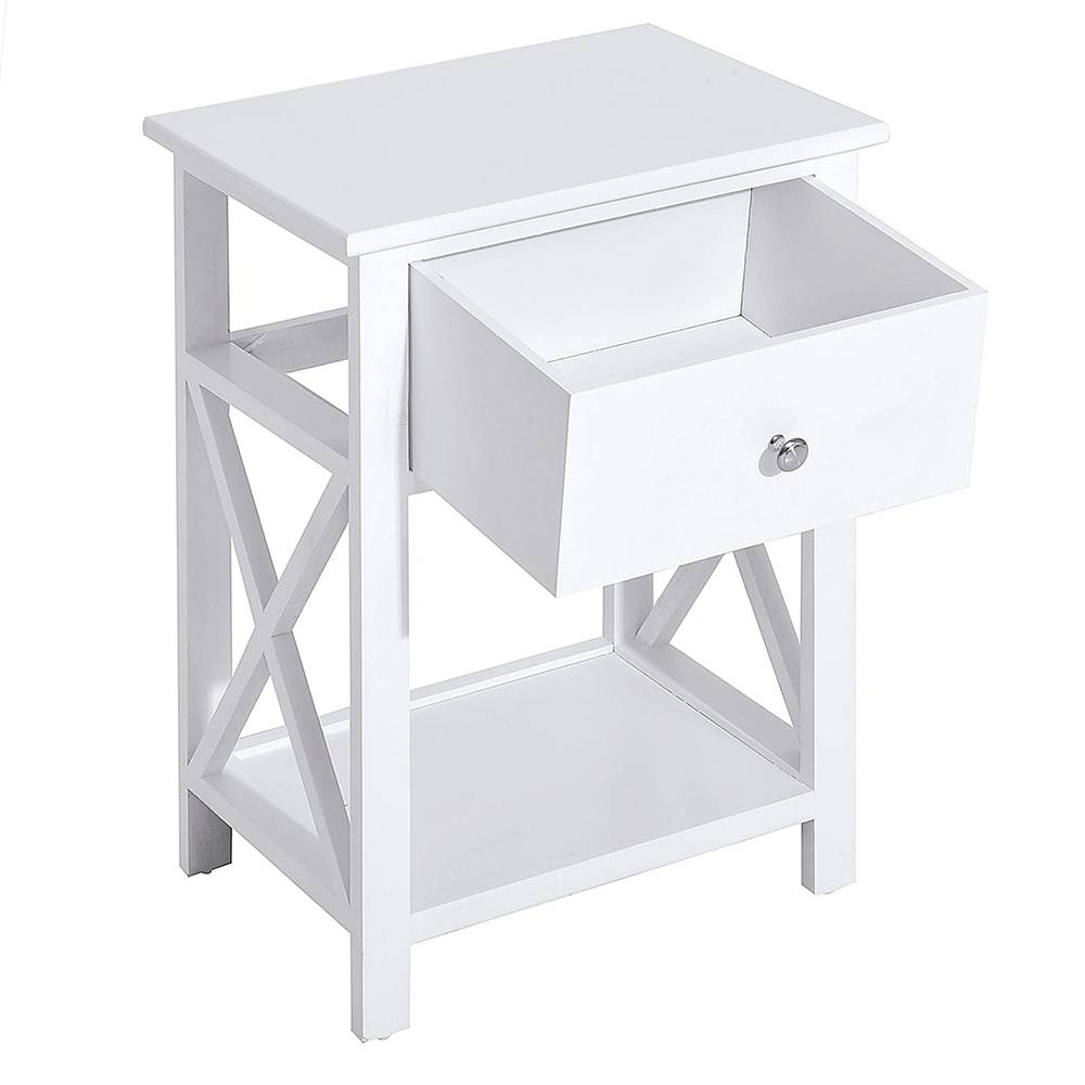 Table de Chevet Table d'appoint Bout de canapé Table de Nuit avec un tiroir et étagère en Bois Blanc - Image 6