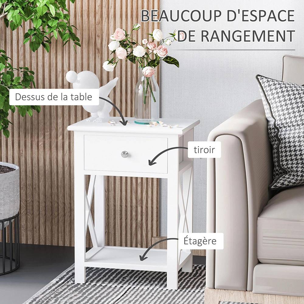 Table de Chevet Table d'appoint Bout de canapé Table de Nuit avec un tiroir et étagère en Bois Blanc - Image 4