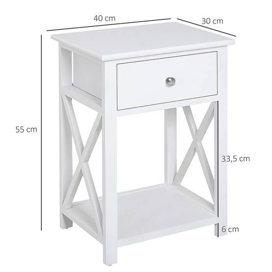 Table de Chevet Table d'appoint Bout de canapé Table de Nuit avec un tiroir et étagère en Bois Blanc - Image 5