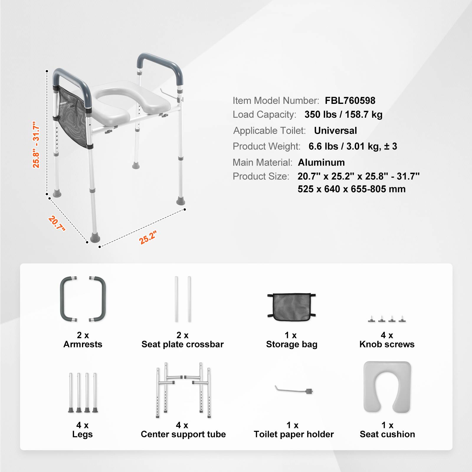 SucceBuy Rehausseurs de Toilettes 49-64 cm Charge 158,7 kg pour Personnes Âgées - Image 7