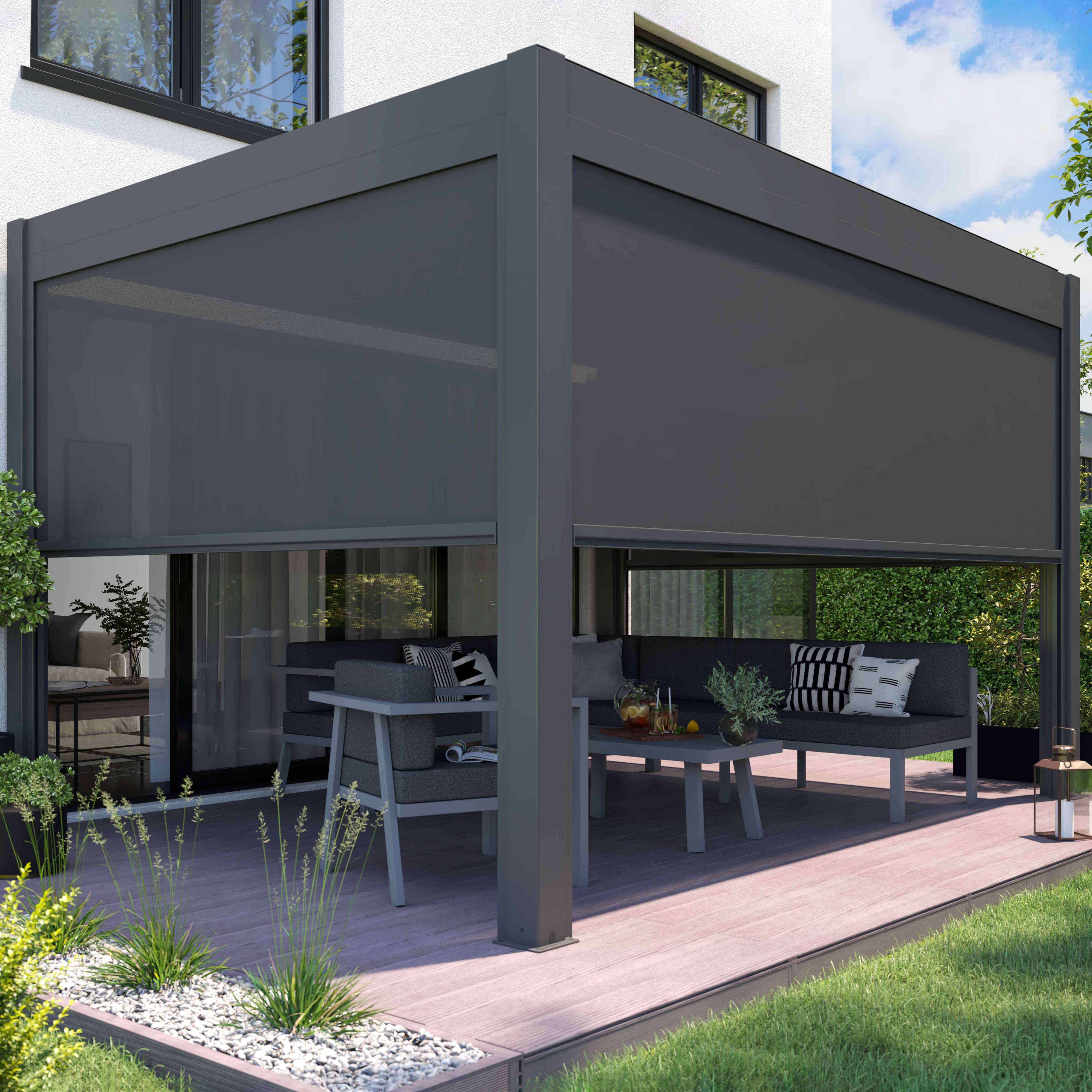 Oviala - Pergola bioclimatique autoportée motorisée éclairée 3x4m et 2 stores Kavala - Oviala - Imagen 1