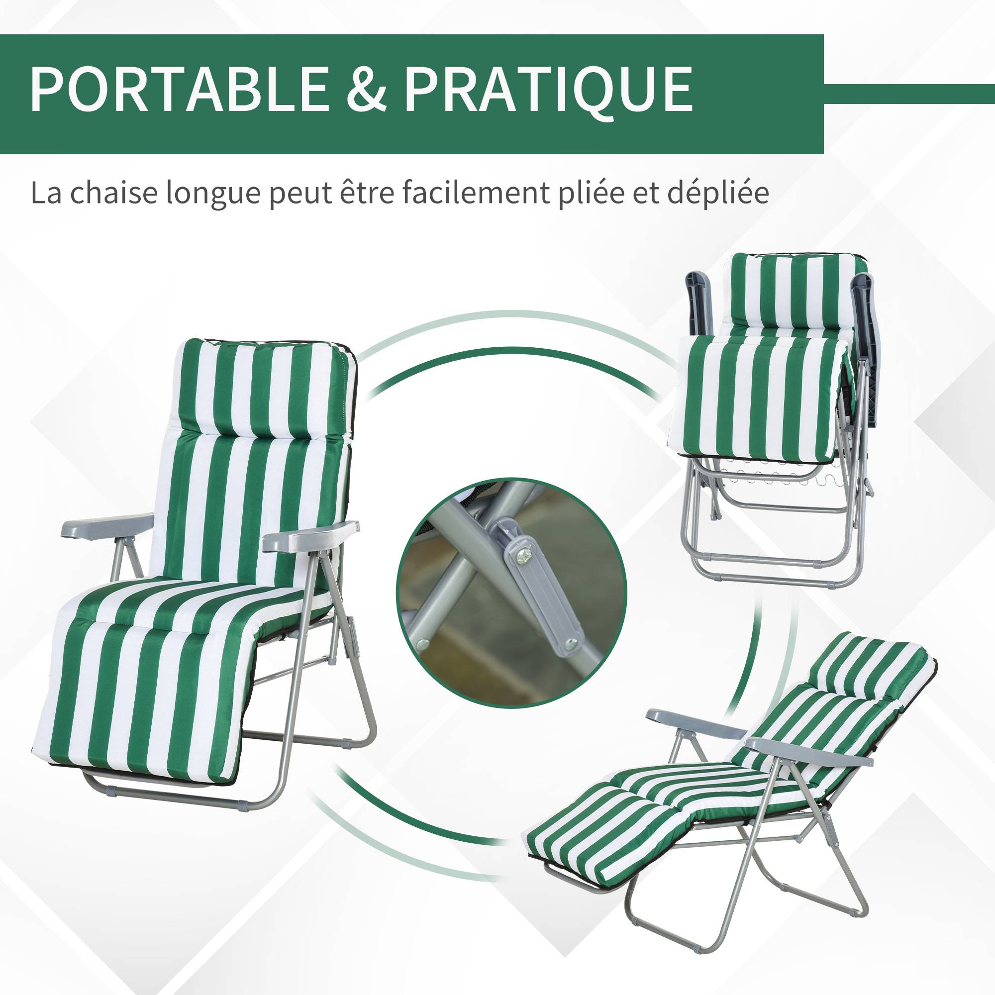 Outsunny - Chaise longue bain de soleil Lot 2 adjustable pliable transat lit de jardin acier vert blanc - Outsunny - Image 4