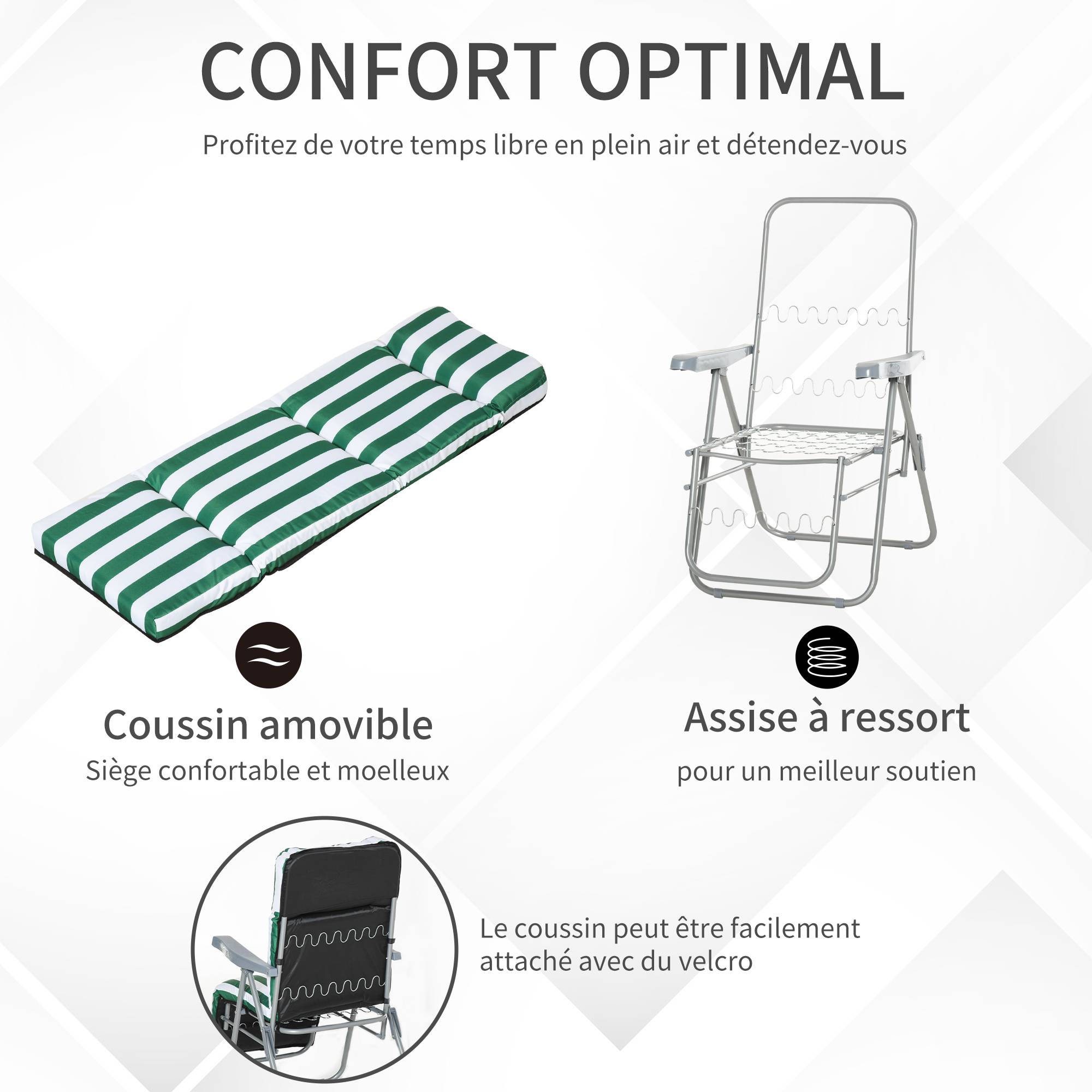 Outsunny - Chaise longue bain de soleil Lot 2 adjustable pliable transat lit de jardin acier vert blanc - Outsunny - Image 6