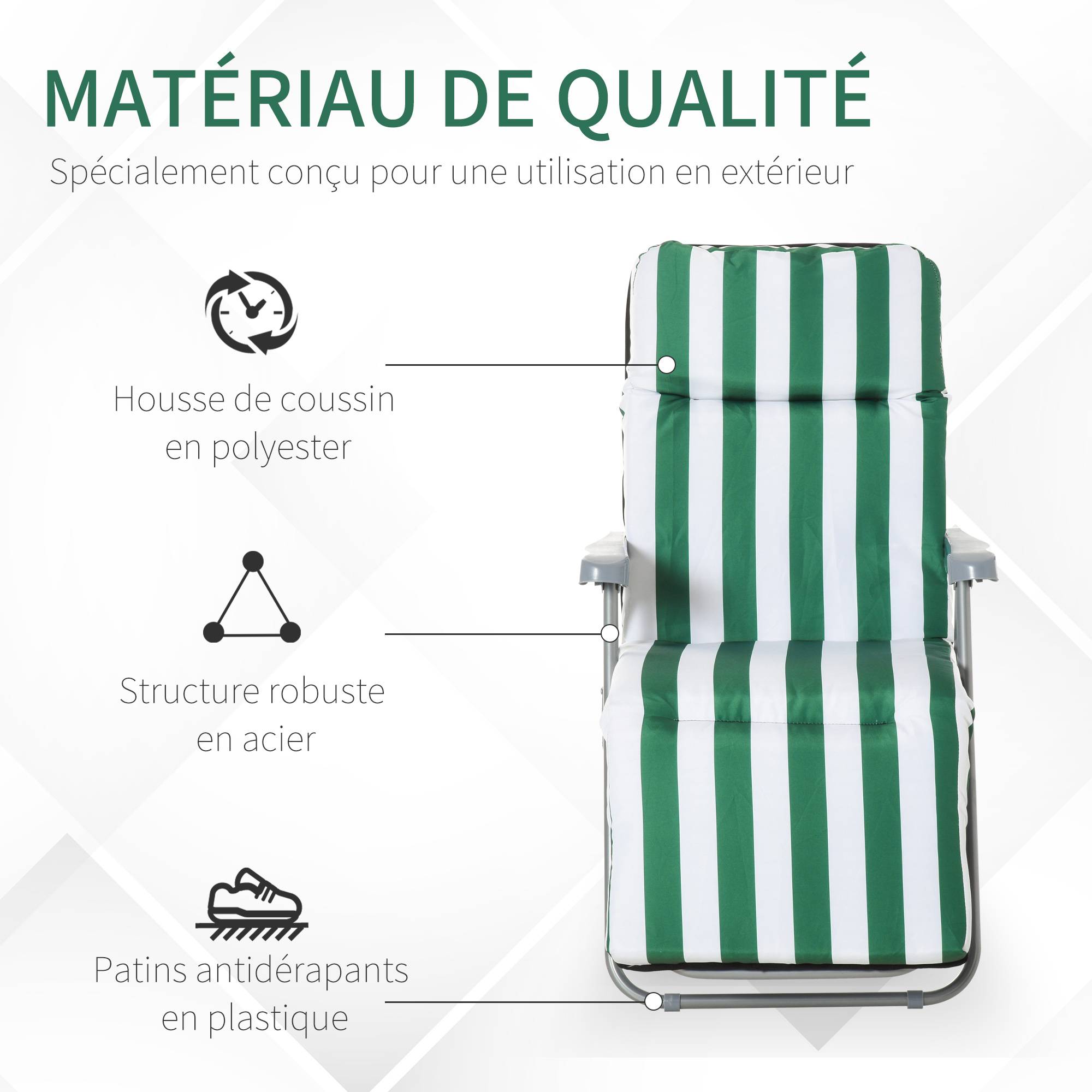 Outsunny - Chaise longue bain de soleil Lot 2 adjustable pliable transat lit de jardin acier vert blanc - Outsunny - Image 7