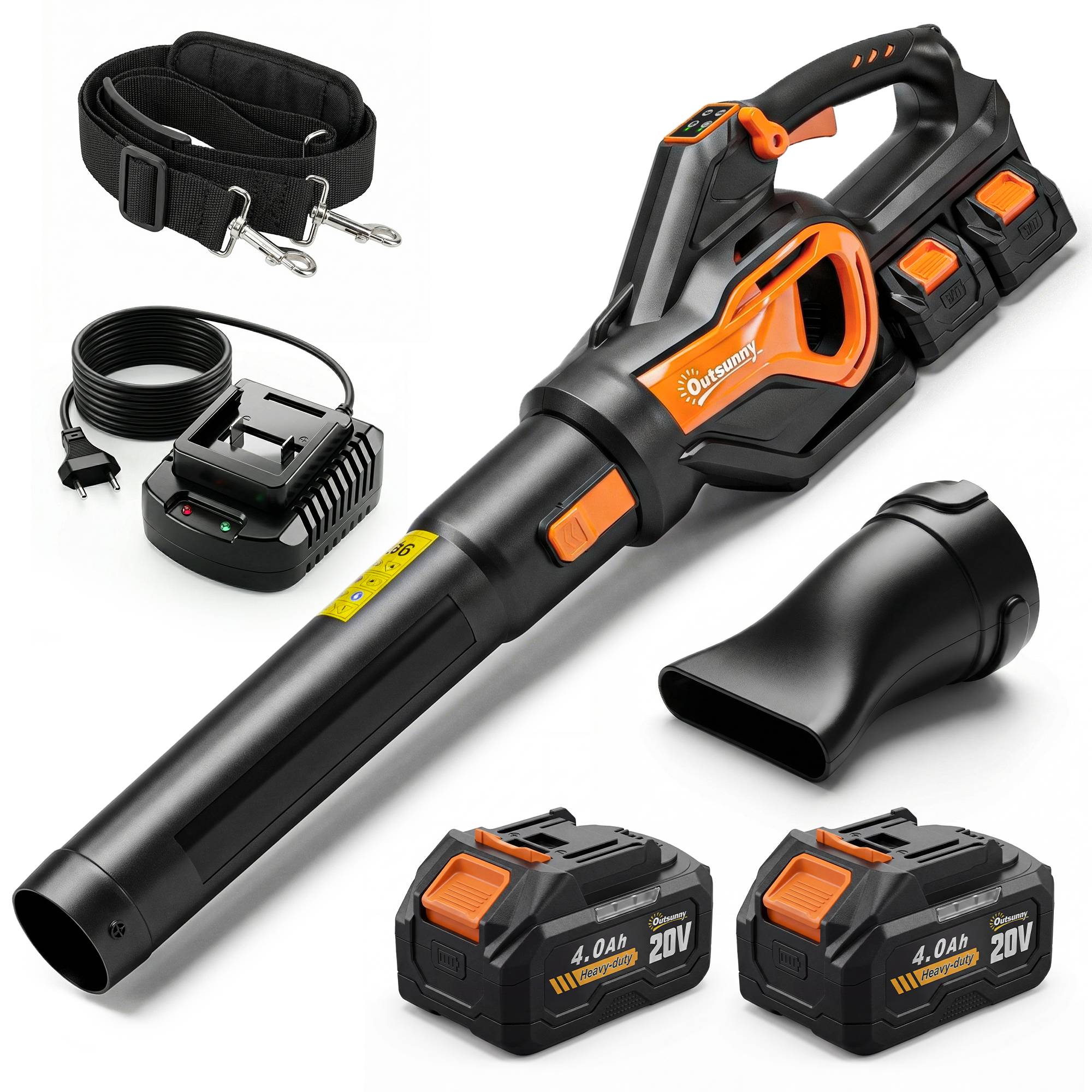 Souffleur de Feuilles sans Fil avec Moteur Brushless 900W Batterie 36v (2x4,0Ah) Puissant 15,2 m³/min Orange et Noir - Image 1