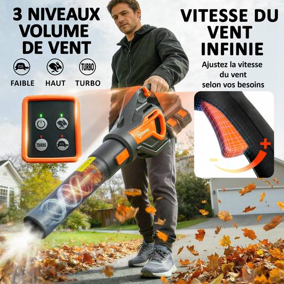 Souffleur de Feuilles sans Fil avec Moteur Brushless 900W Batterie 36v (2x4,0Ah) Puissant 15,2 m³/min Orange et Noir - Image 8