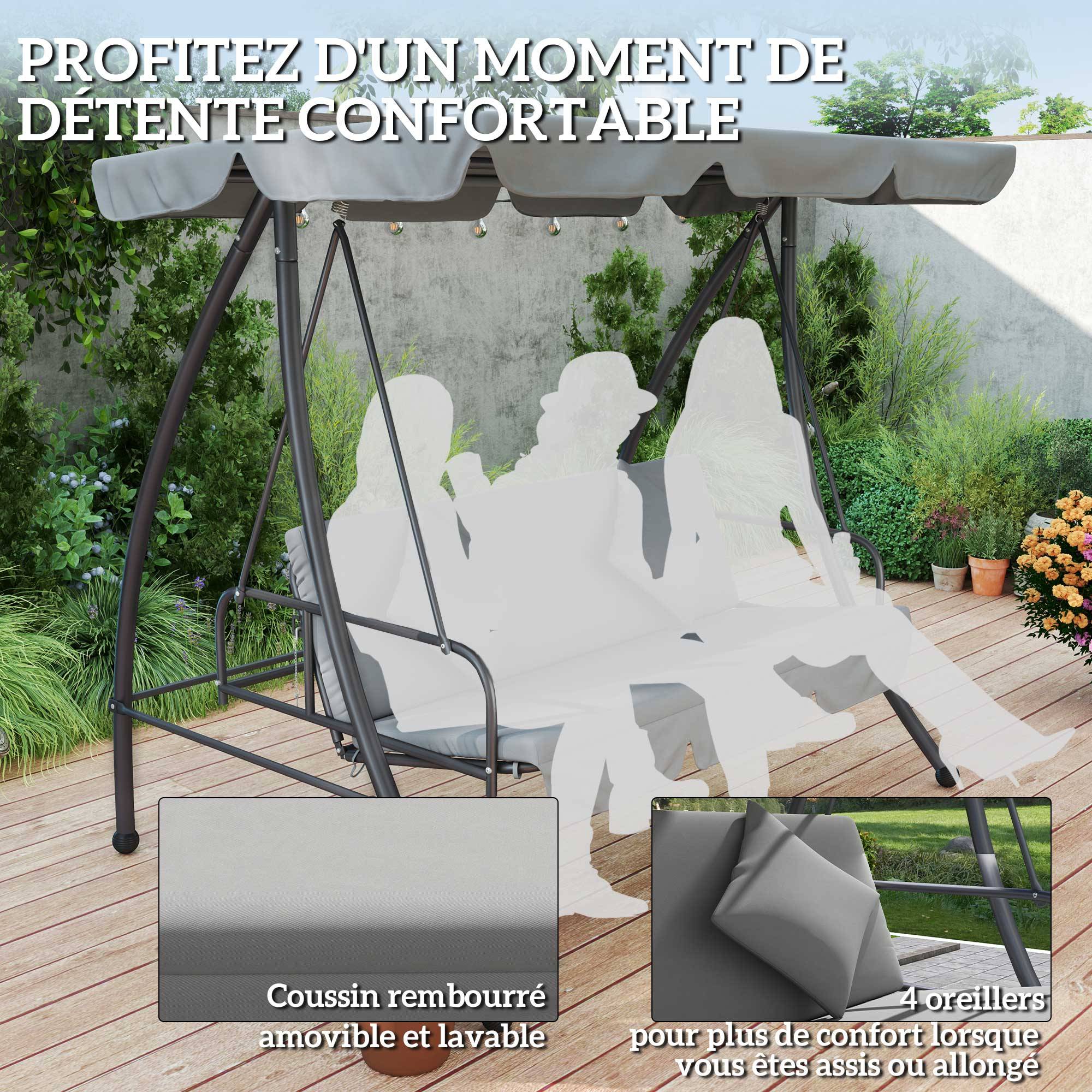 Balancelle lit 3 places métal jardin toit réglable coussins 200x170cm gris clair - ComfortXL Outdoor Living - Image 9