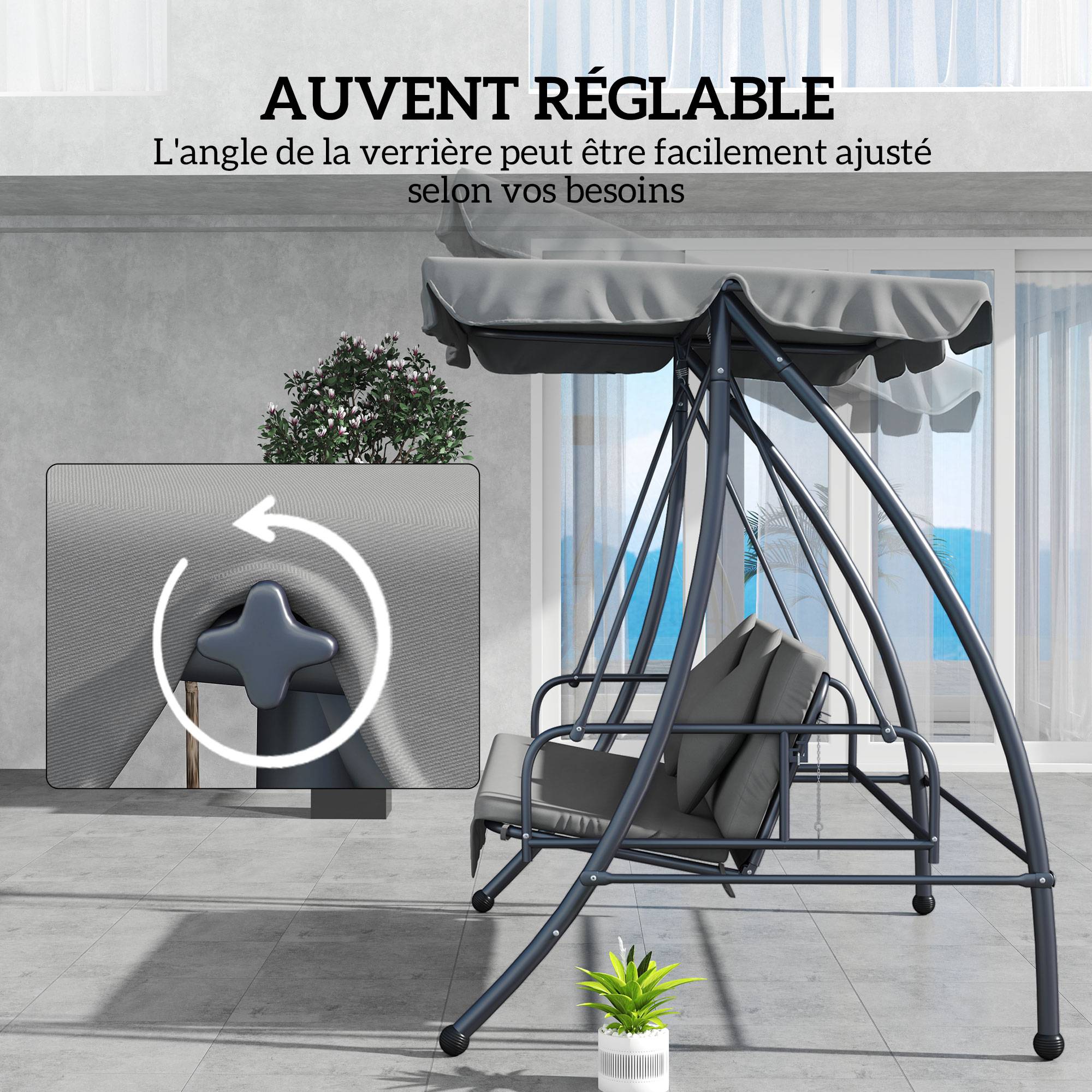 Balancelle lit 3 places métal jardin toit réglable coussins 200x170cm gris clair - ComfortXL Outdoor Living - Image 6