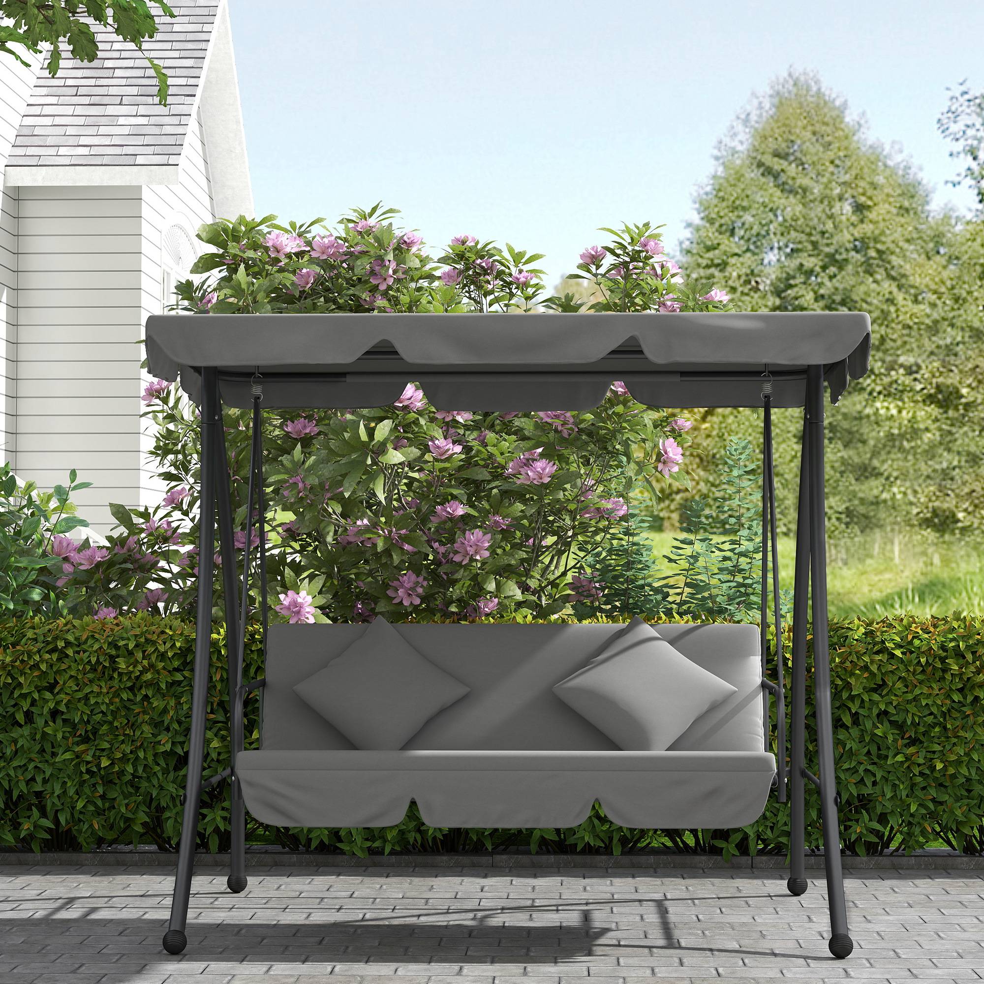 Balancelle lit 3 places métal jardin toit réglable coussins 200x170cm gris clair - ComfortXL Outdoor Living - Image 10
