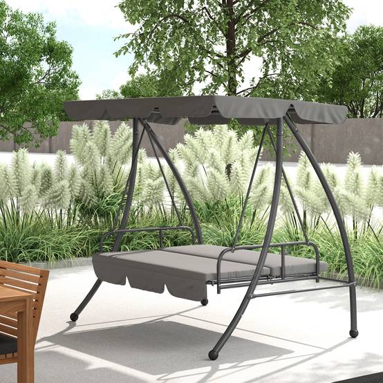 Balancelle lit 3 places métal jardin toit réglable coussins 200x170cm gris clair - ComfortXL Outdoor Living - Image 3