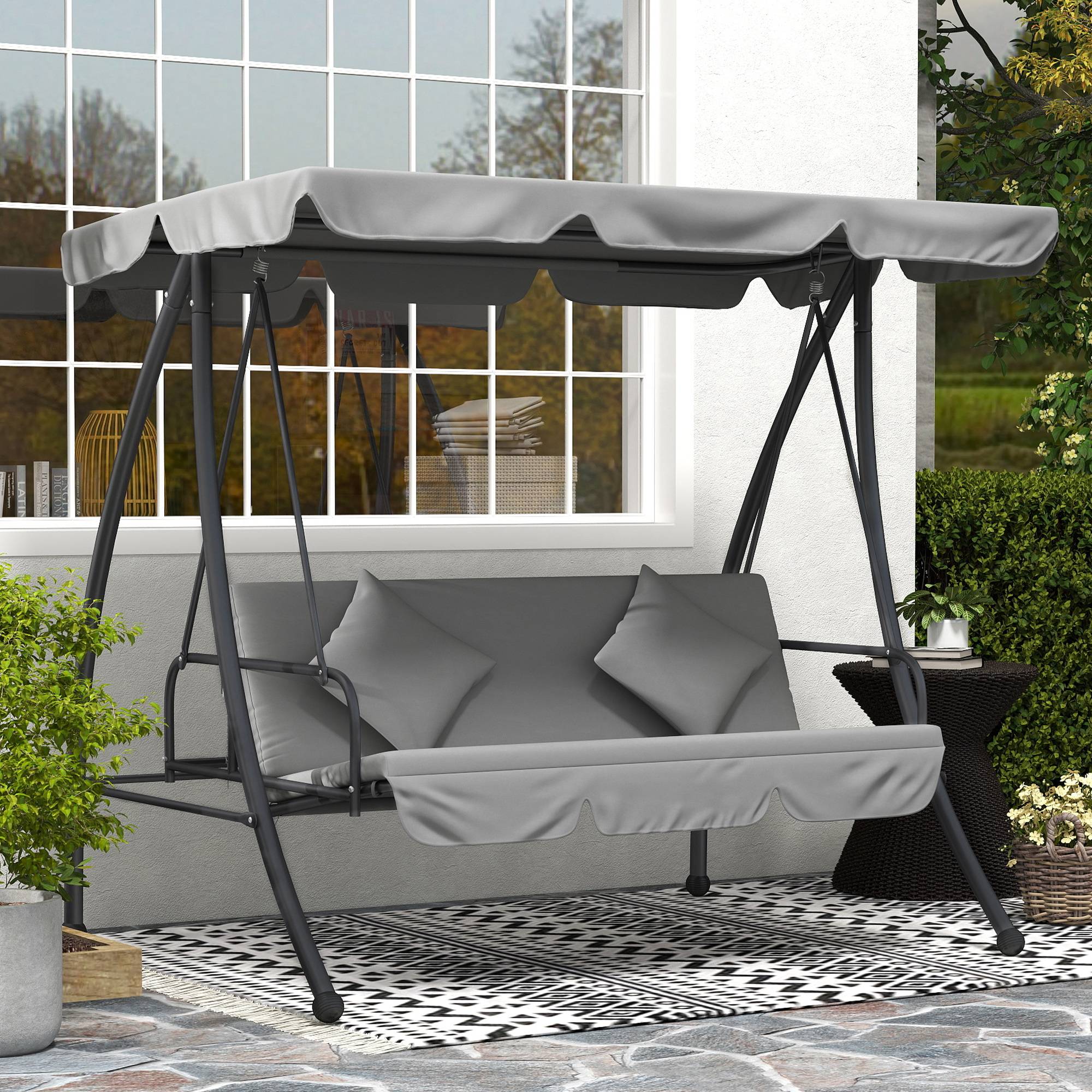 Balancelle lit 3 places métal jardin toit réglable coussins 200x170cm gris clair - ComfortXL Outdoor Living - Image 4