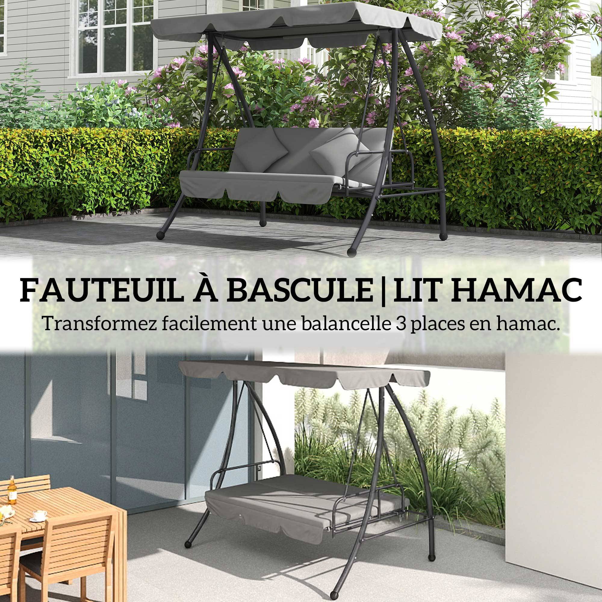 Balancelle lit 3 places métal jardin toit réglable coussins 200x170cm gris clair - ComfortXL Outdoor Living - Image 8
