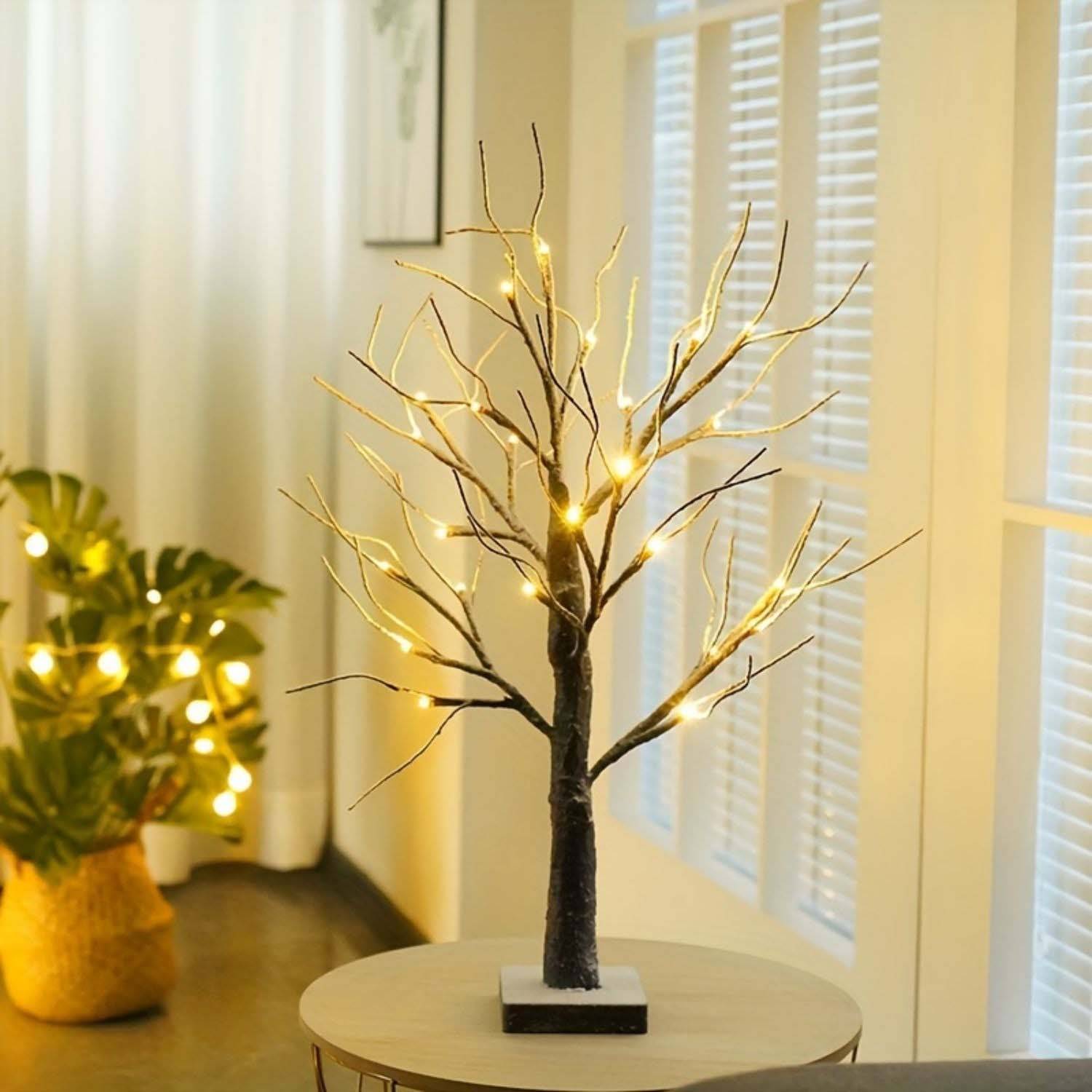 Lot 2 arbres LED bouleau 24 lumières, décoration Noël intérieure et extérieure, lampe sur table, LED blanc chaud, ambiance festive et conviviale