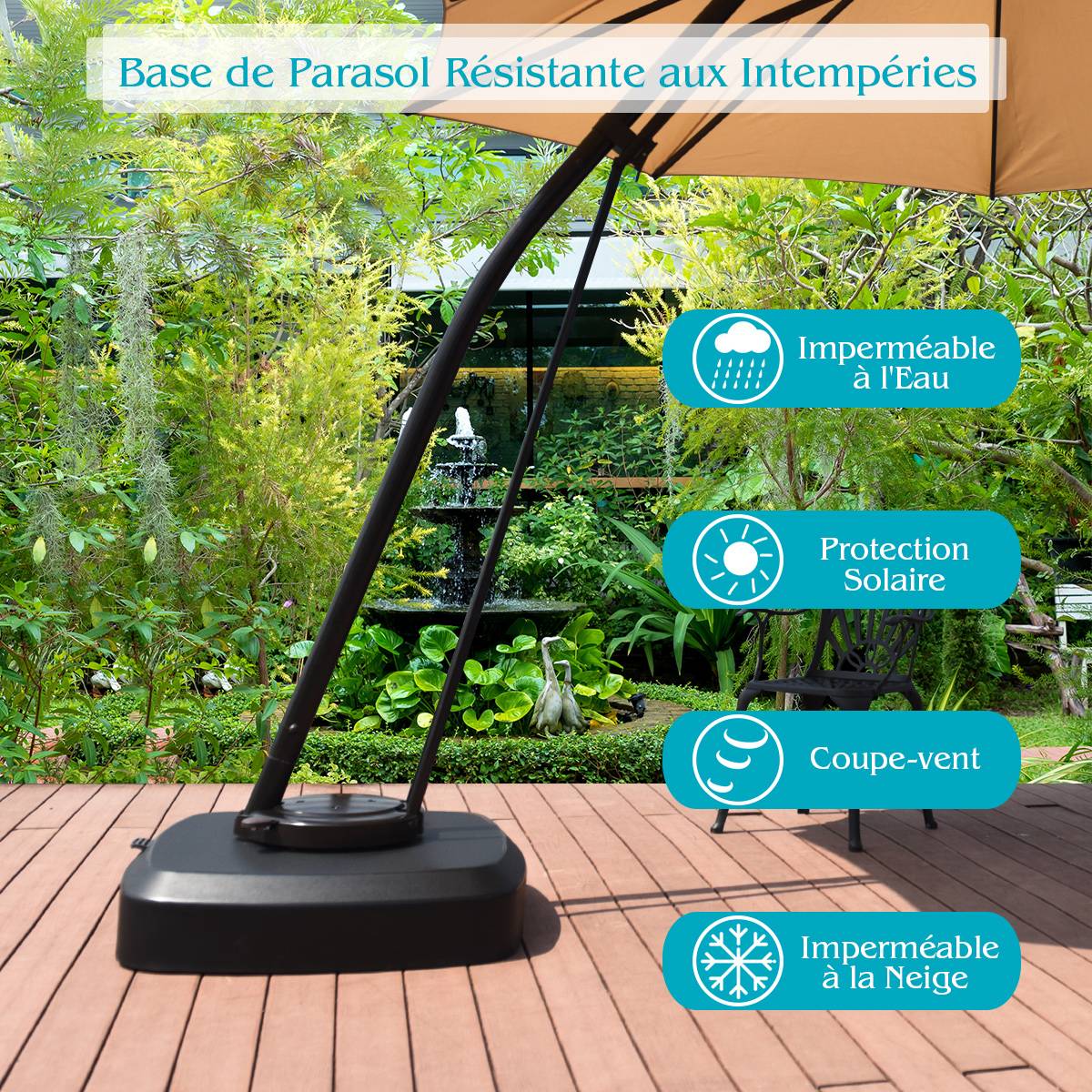 Pied Parasol avec Roulettes, Dalle Parasol Déporté avec Pédale de Commande, Rempli 150 kg Sable Humide/100 kg Eau, Base Portable pour Jardin, Noir - Image 5